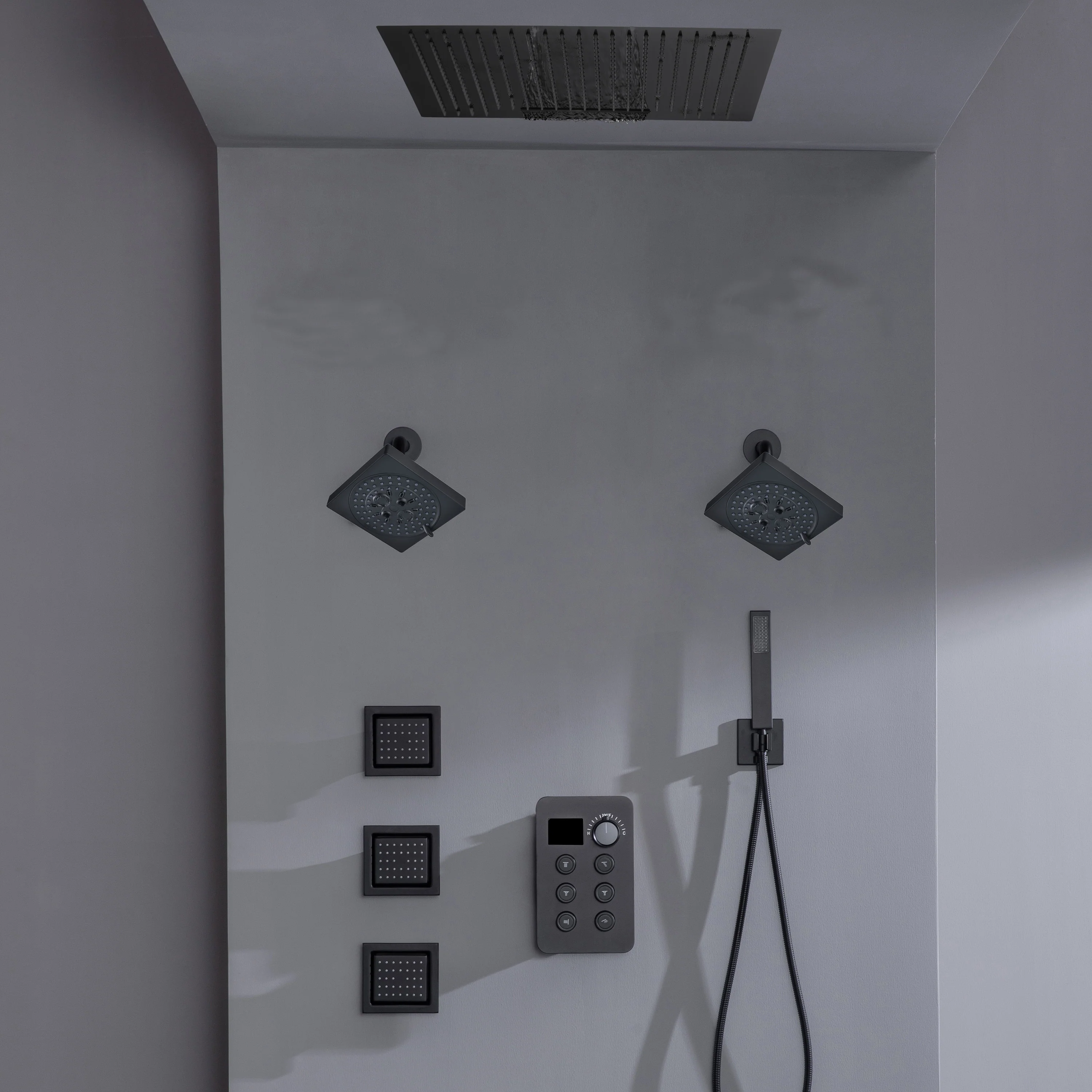 24 inch flush mount rainfall waterfall shower head 6 way thermostatic shower faucet with handle wand and Body Jet and dual regular headss - Image 15