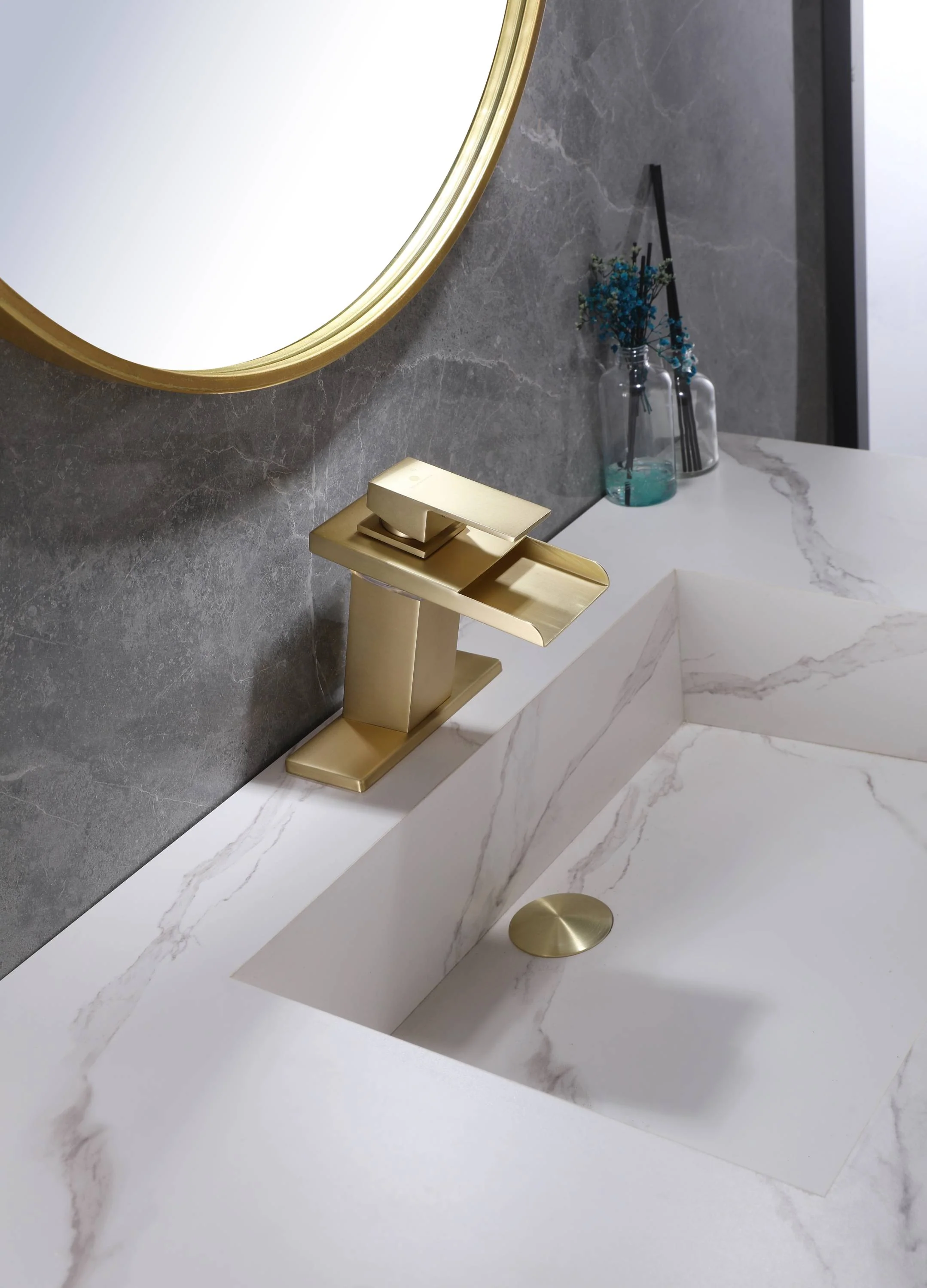 Brushed Gold Single Handle Single Hole 3 LED Light Mixer Widespread Waterfall bathroom sink Faucet with drain - Image 10