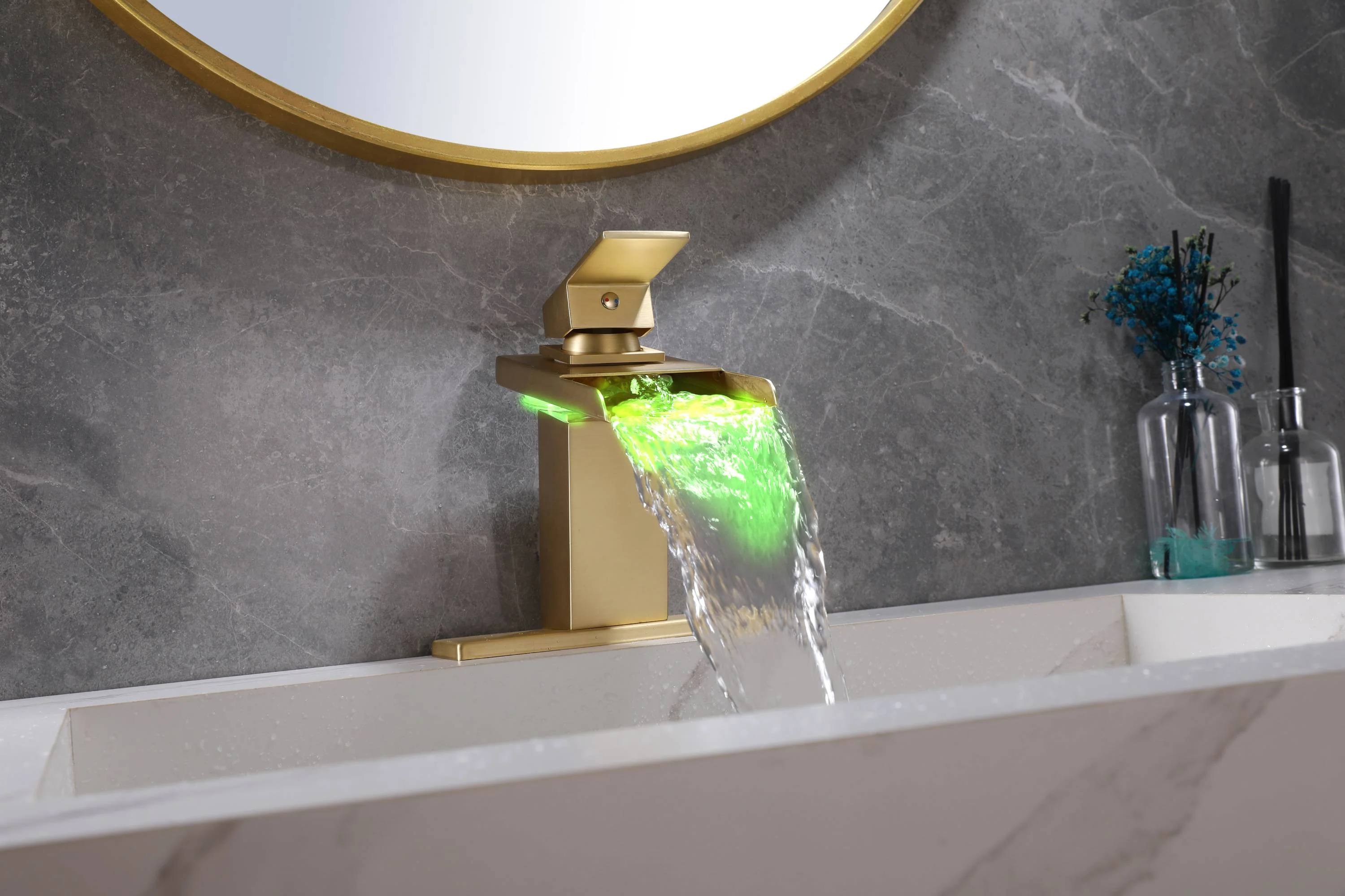 Brushed Gold Single Handle Single Hole 3 LED Light Mixer Widespread Waterfall bathroom sink Faucet with drain - Image 3