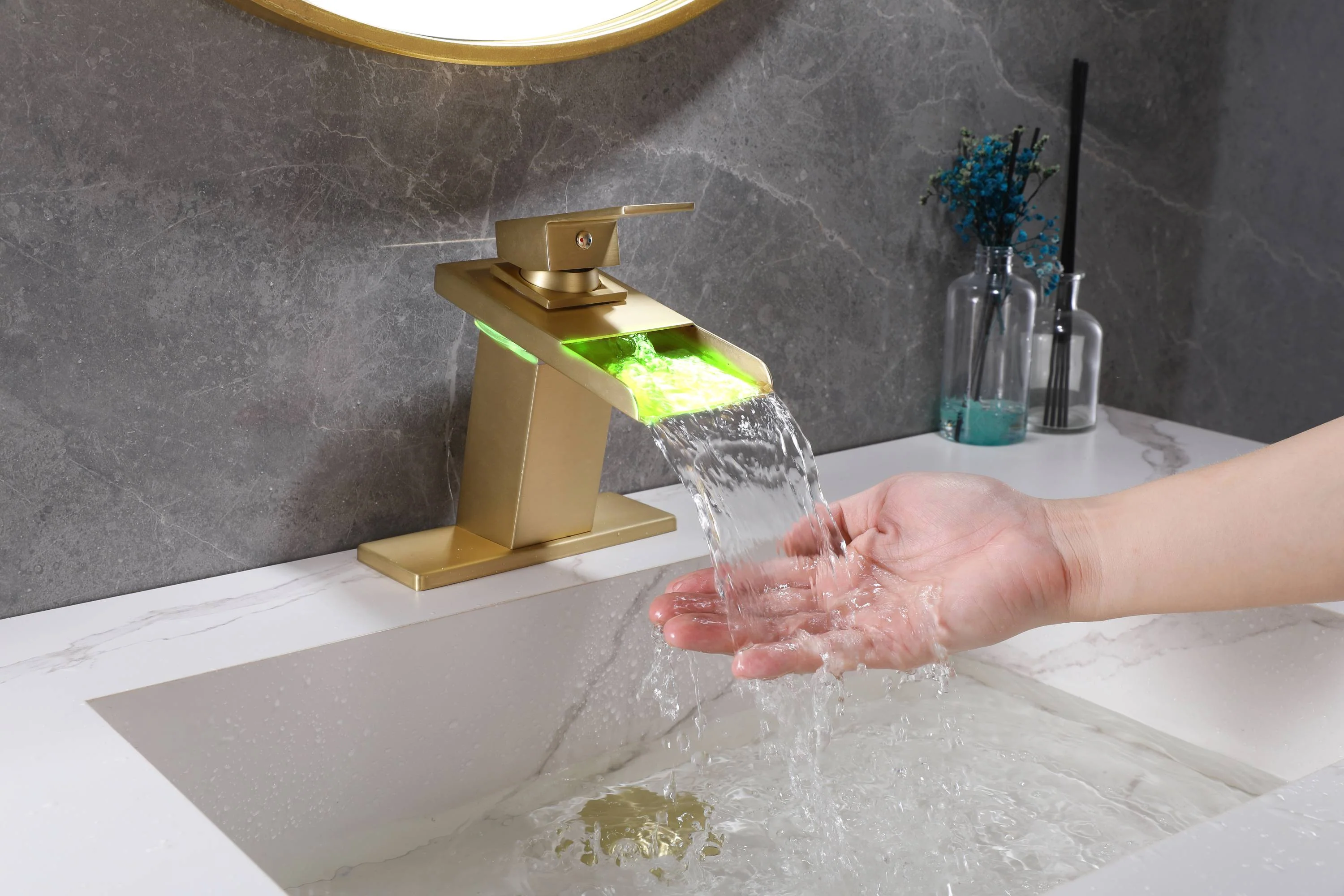 Brushed Gold Single Handle Single Hole 3 LED Light Mixer Widespread Waterfall bathroom sink Faucet with drain - Image 4