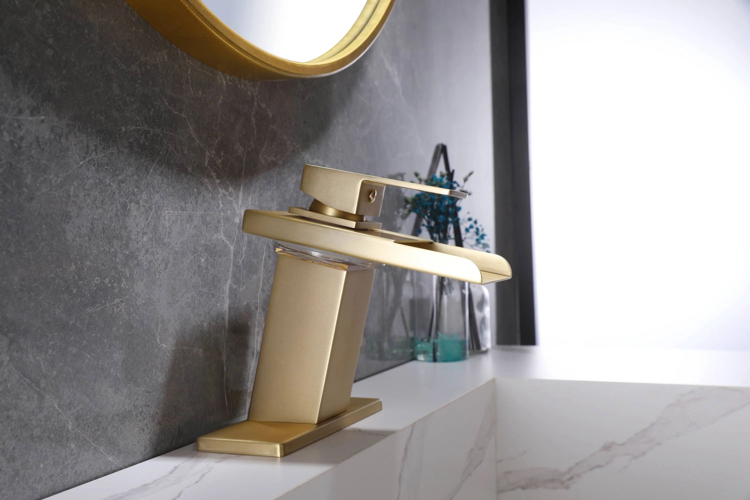 Brushed Gold Single Handle Single Hole 3 LED Light Mixer Widespread Waterfall bathroom sink Faucet with drain - Image 5