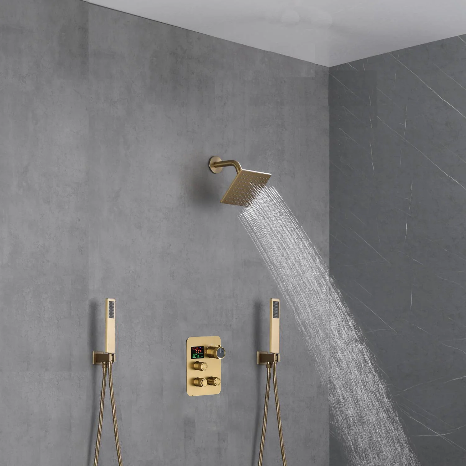 Brushed Gold Wall-Mounted Shower Faucet with 3-Way Digital Display, Optional 6'' Regular Head or 12'' Rain Head - Image 3