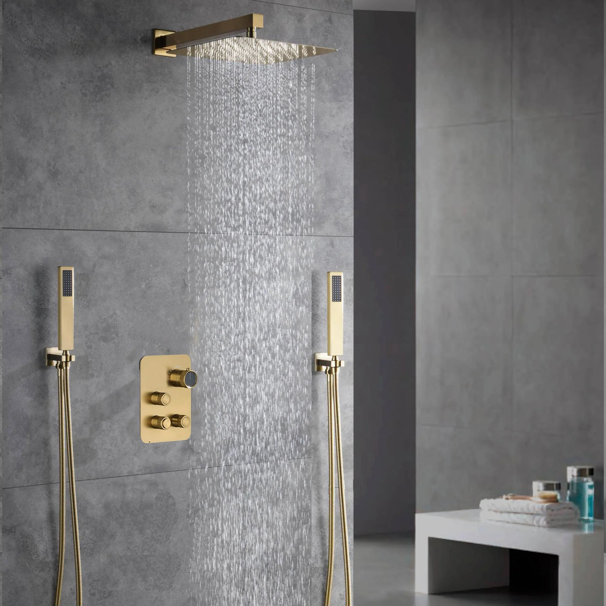 Brushed Gold Wall-Mounted Shower Faucet with 3-Way Digital Display, Optional 6'' Regular Head or 12'' Rain Head - Image 4