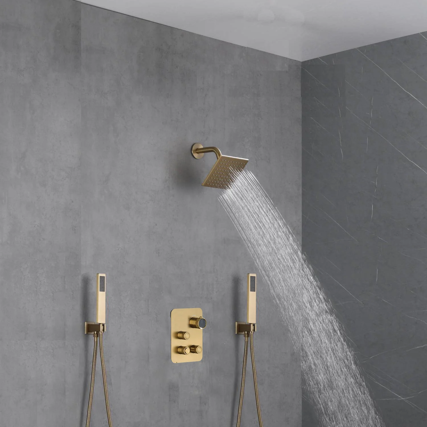 Brushed Gold Wall-Mounted Shower Faucet with 3-Way Digital Display, Optional 6'' Regular Head or 12'' Rain Head - Image 5