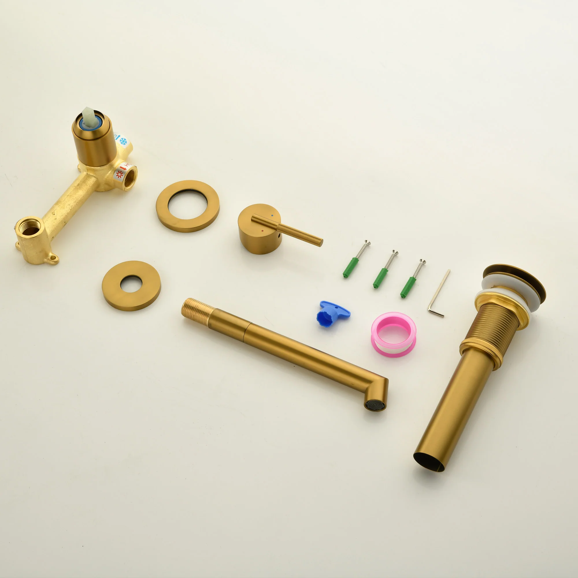 Brushed Gold Wall Mount Waterfall Bathroom Sink Faucet with  Brass Pop-Up Drain - Image 4