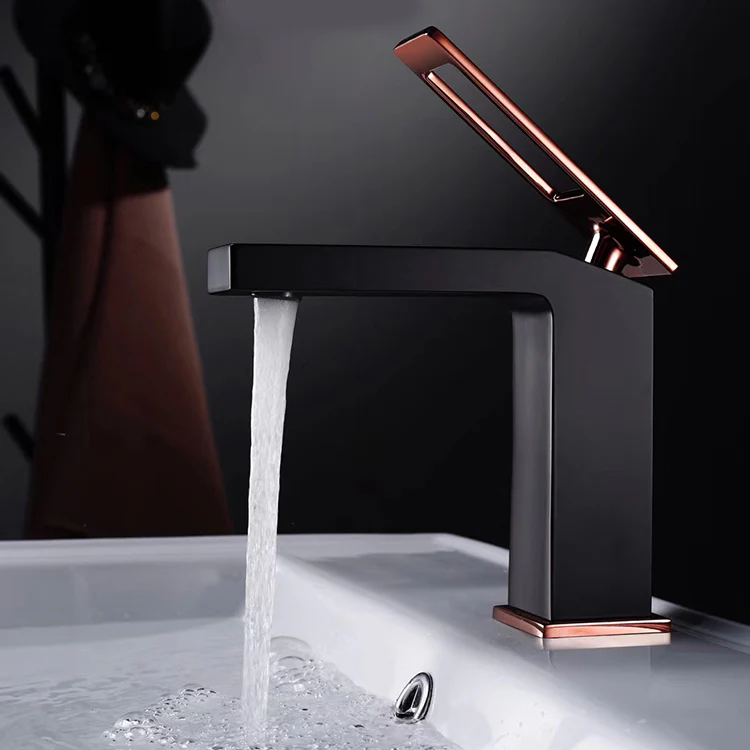 matte black single handle bathroom sink faucet with pop up overflow brass drain - Image 3