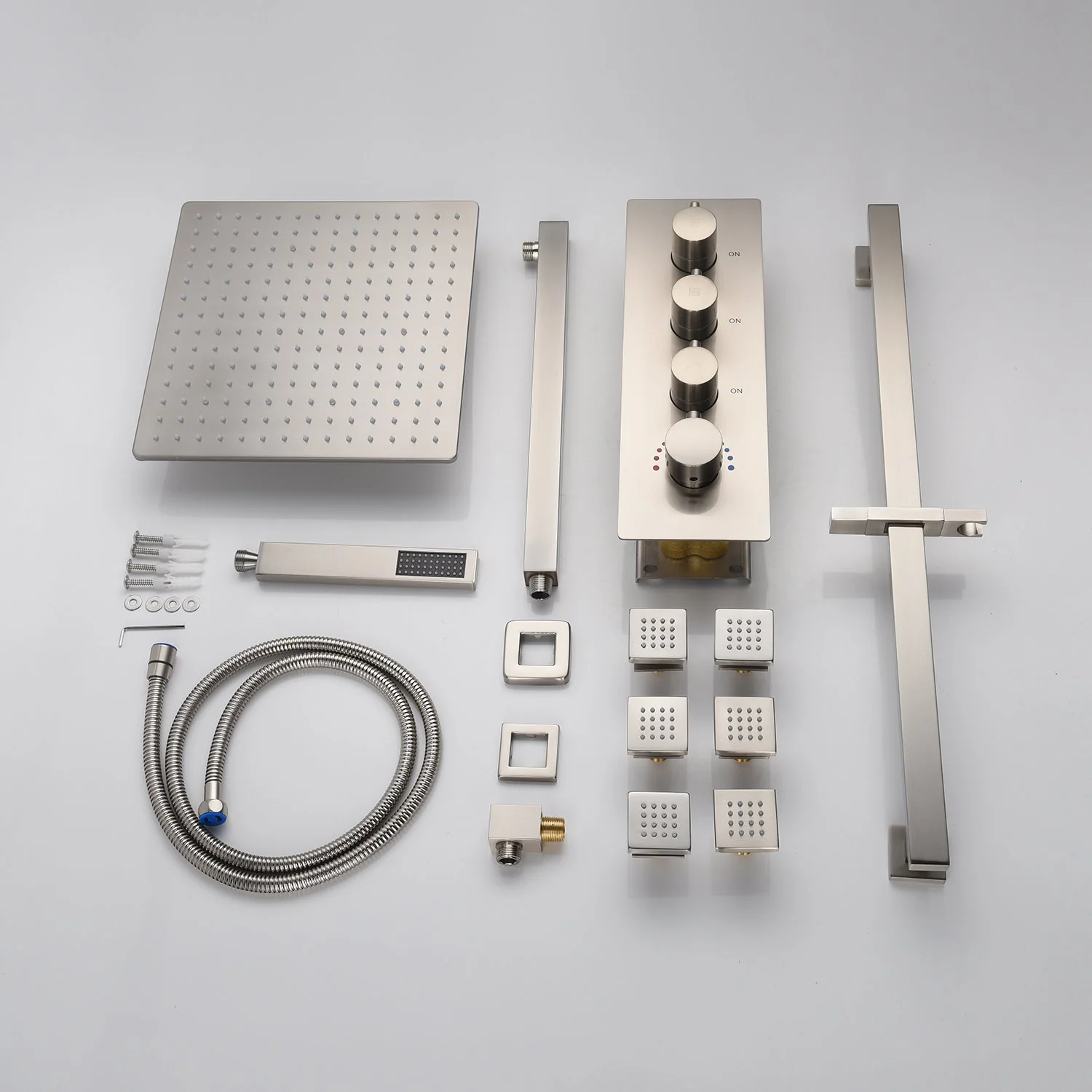 Brushed Nickel 12'' or 16'' Wall-Mounted Rain Shower System with 6 Body Jets and 3-Way Thermostatic Valve: Simultaneous and Independent Functionality - Image 4