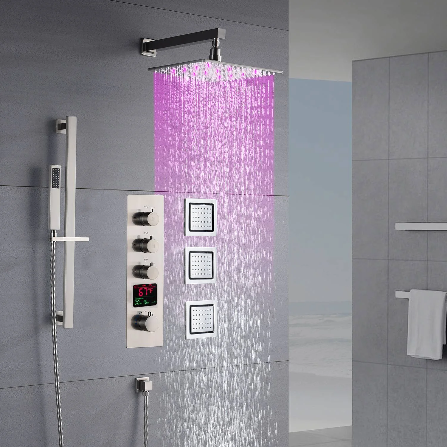 Brushed Nickel 12'' or 16'' Wall-Mounted Rain Shower System with 6 Body Jets and 3-Way DigitalDisplay Thermostatic Valve: Simultaneous and Independent Functionality - Image 3