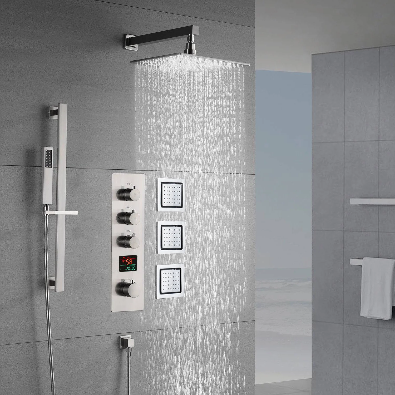 Brushed Nickel 12'' or 16'' Wall-Mounted Rain Shower System with 6 Body Jets and 3-Way DigitalDisplay Thermostatic Valve: Simultaneous and Independent Functionality - Image 4