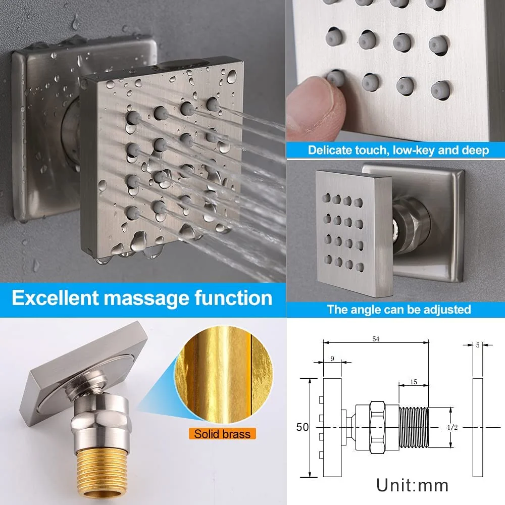 Brushed Nickel 20-Inch Rainfall Shower System: Options for LED Lights, 3-Way Thermostatic Control, Sliding Bar, Body Jets, and with or without Digital Display - Image 12