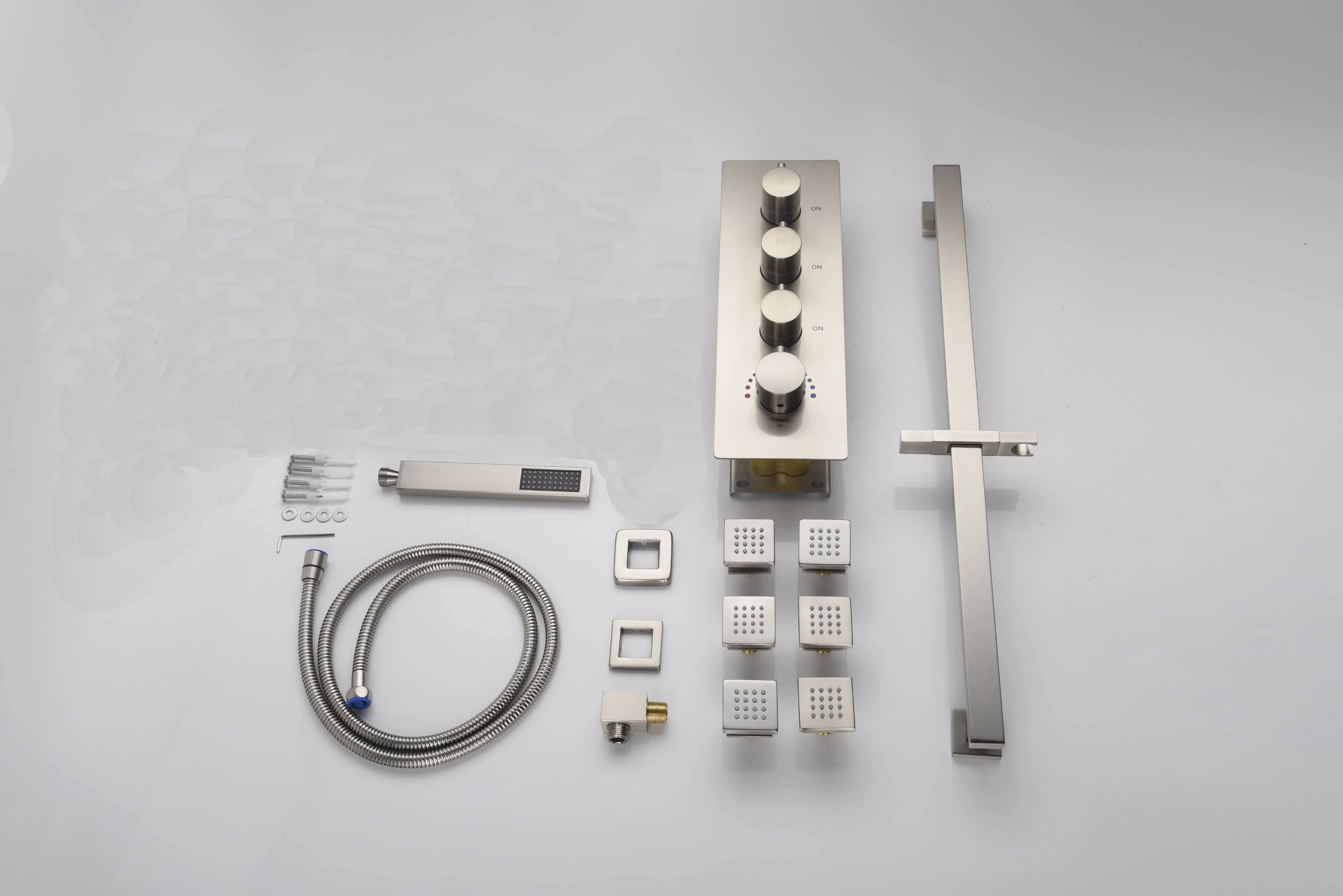 Brushed Nickel 20-Inch Rainfall Shower System: Options for LED Lights, 3-Way Thermostatic Control, Sliding Bar, Body Jets, and with or without Digital Display - Image 13