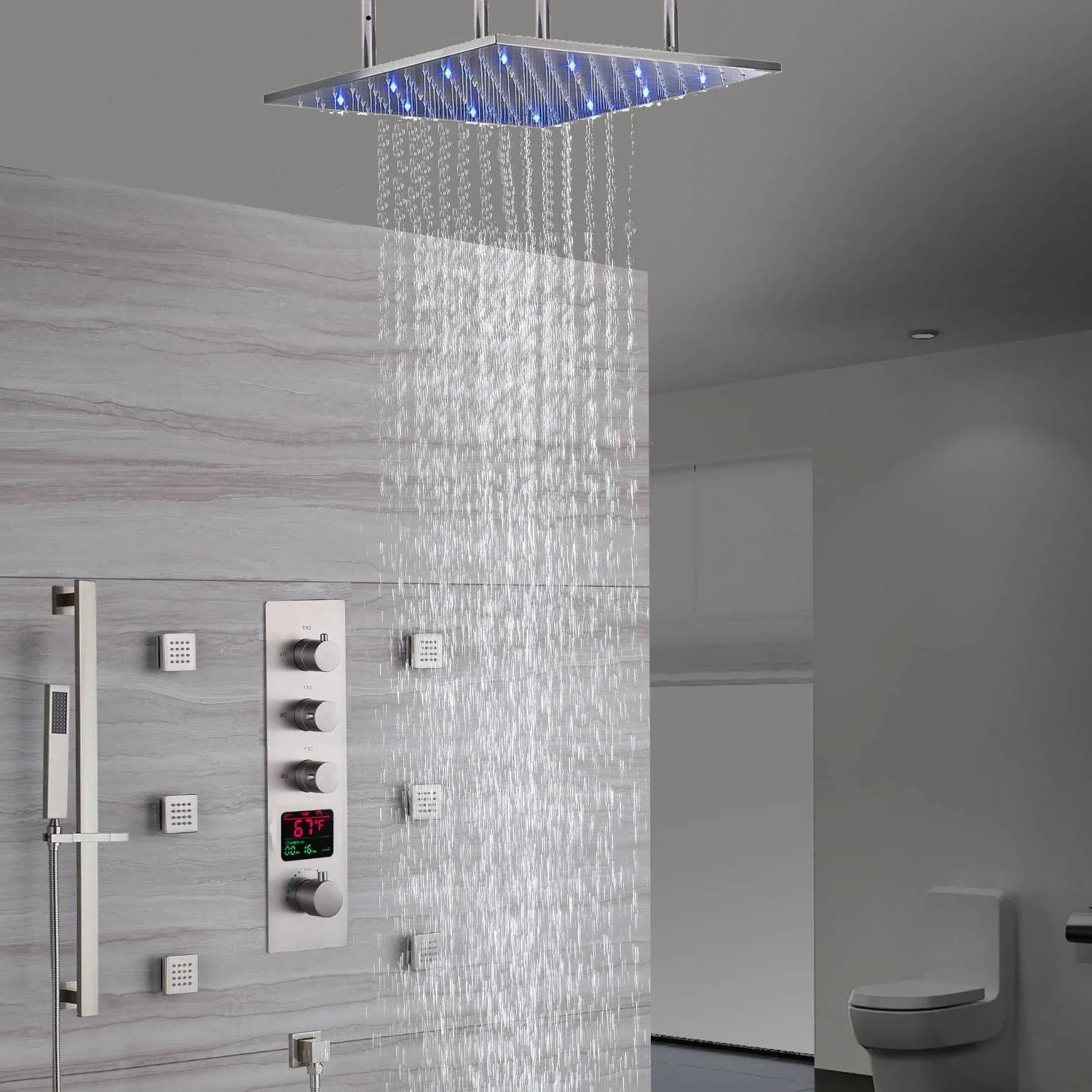 Brushed Nickel 20-Inch Rainfall Shower System: Options for LED Lights, 3-Way Thermostatic Control, Sliding Bar, Body Jets, and with or without Digital Display - Image 2