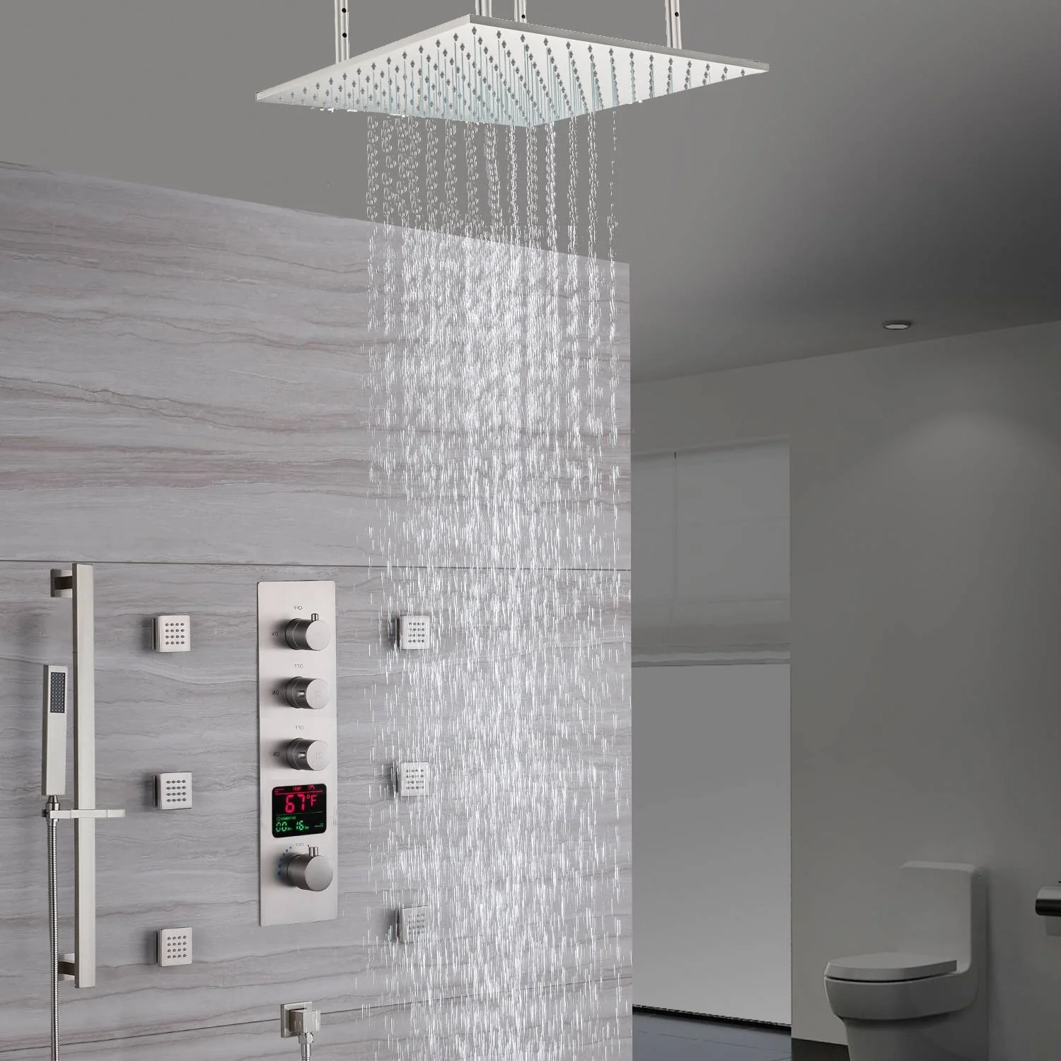 Brushed Nickel 20-Inch Rainfall Shower System: Options for LED Lights, 3-Way Thermostatic Control, Sliding Bar, Body Jets, and with or without Digital Display - Image 3