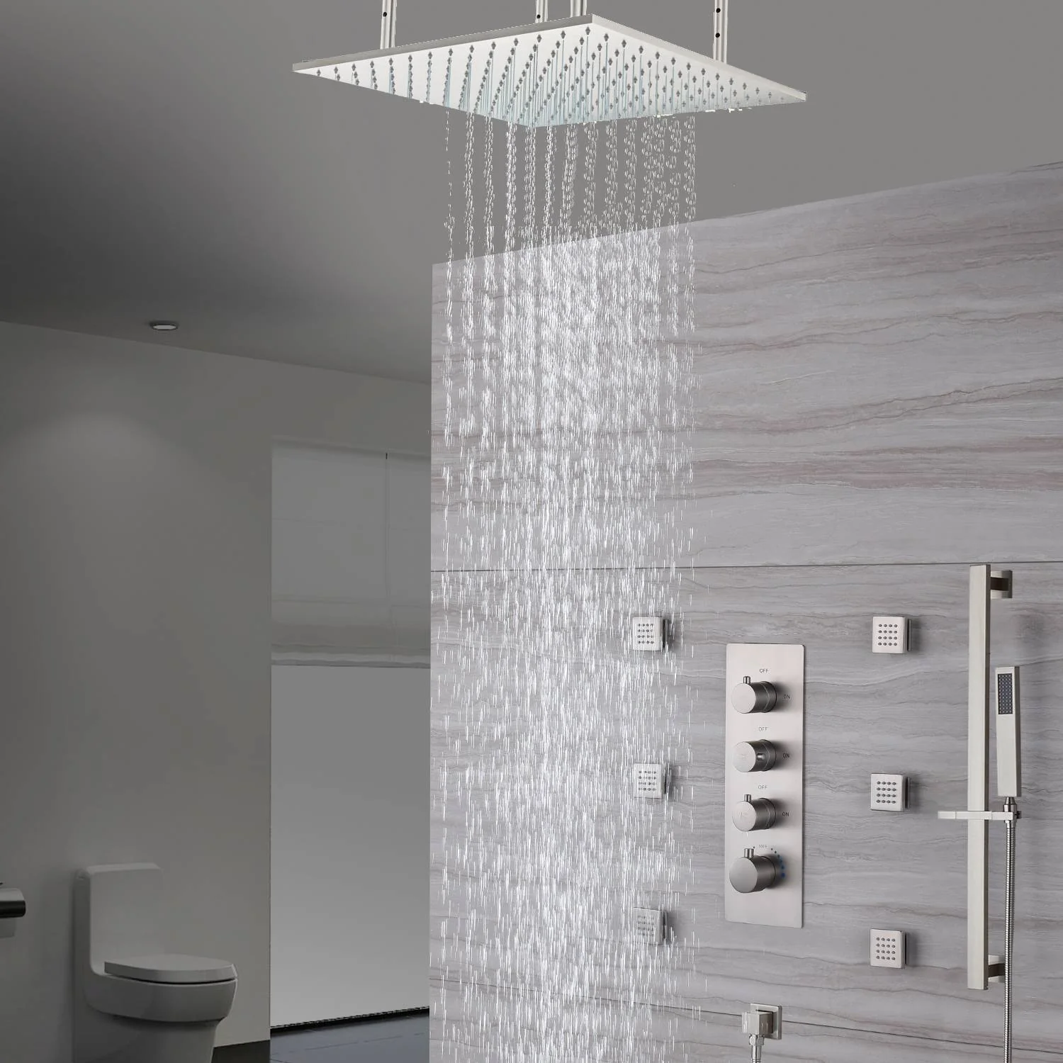 Brushed Nickel 20-Inch Rainfall Shower System: Options for LED Lights, 3-Way Thermostatic Control, Sliding Bar, Body Jets, and with or without Digital Display - Image 4