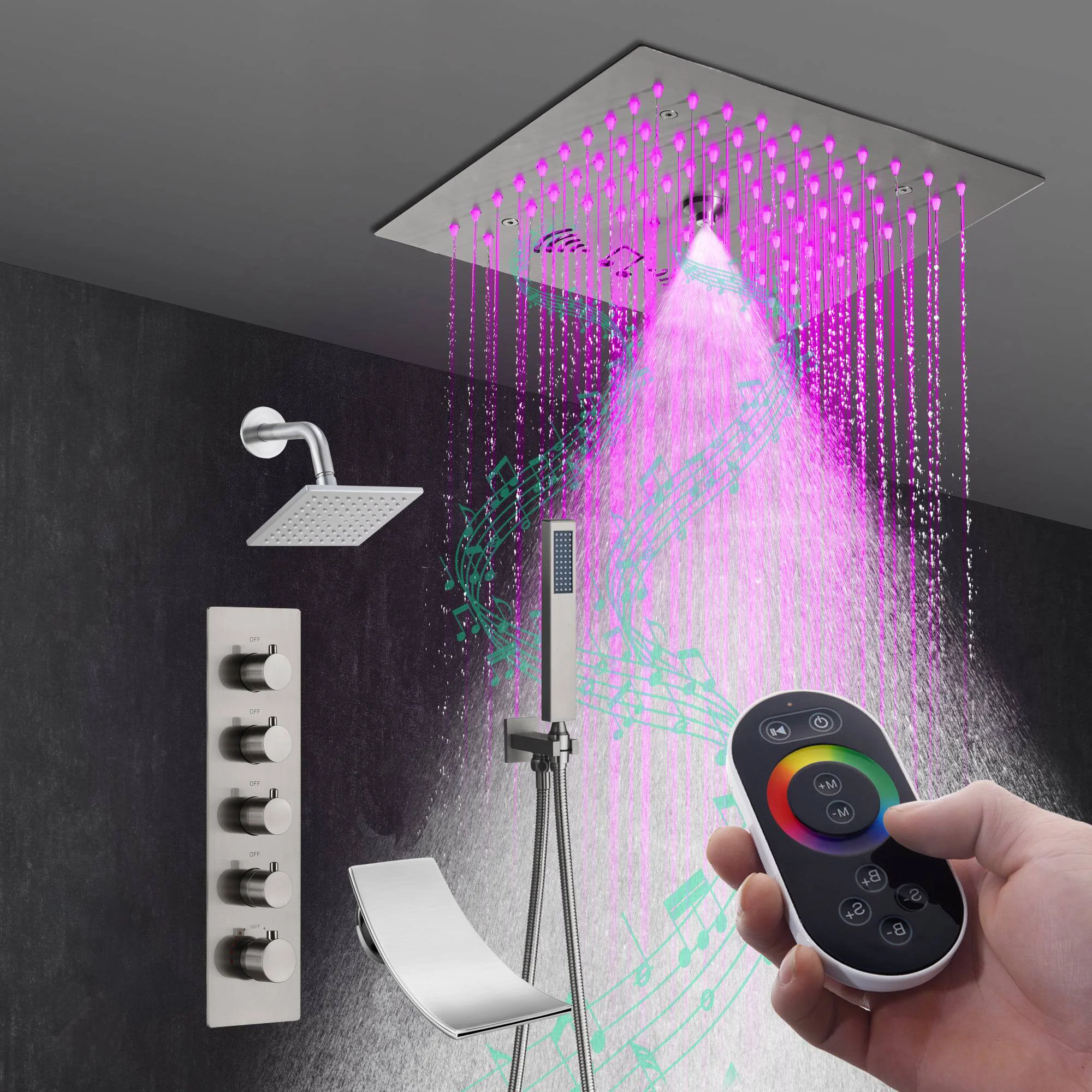 Brushed Nickel 4-Way Thermostatic Shower Faucet: Flush Mount with Waterfall Tub Spout and Regular Head, 12-Inch LED Light Shower Head with 64 Colors and Bluetooth Music - Image 2