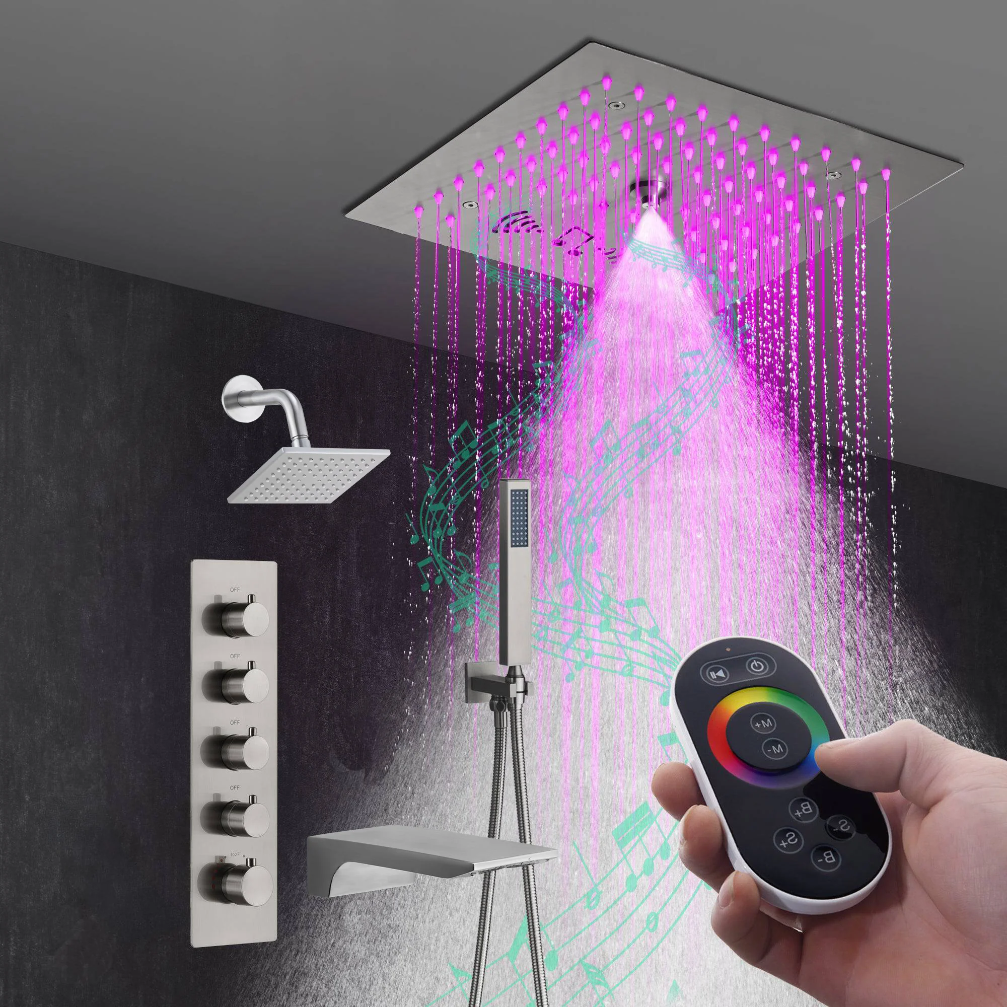Brushed Nickel 4-Way Thermostatic Shower Faucet: Flush Mount with Waterfall Tub Spout and Regular Head, 12-Inch LED Light Shower Head with 64 Colors and Bluetooth Music - Image 3