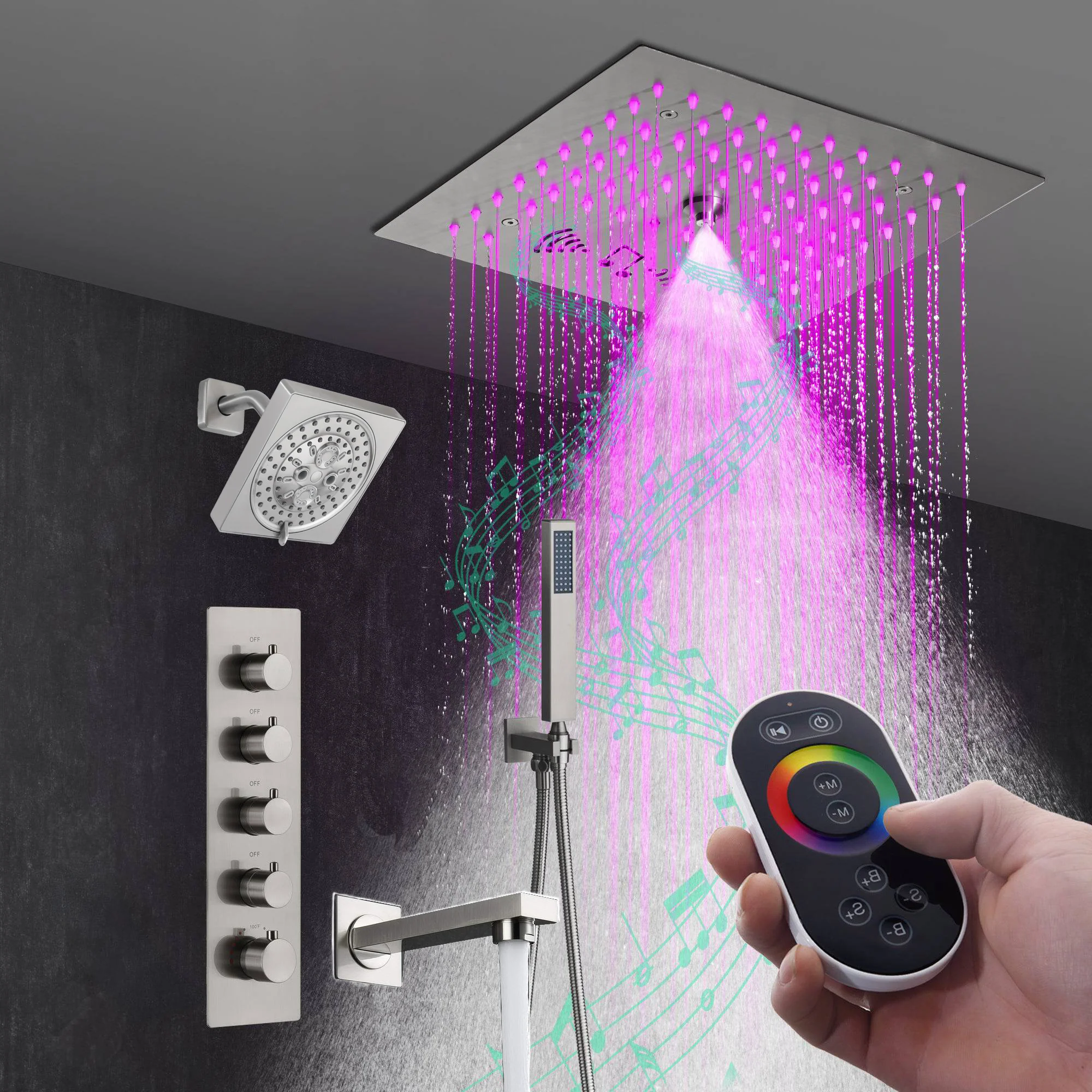 Brushed Nickel 4-Way Thermostatic Shower Faucet: Flush Mount with Waterfall Tub Spout and Regular Head, 12-Inch LED Light Shower Head with 64 Colors and Bluetooth Music - Image 4