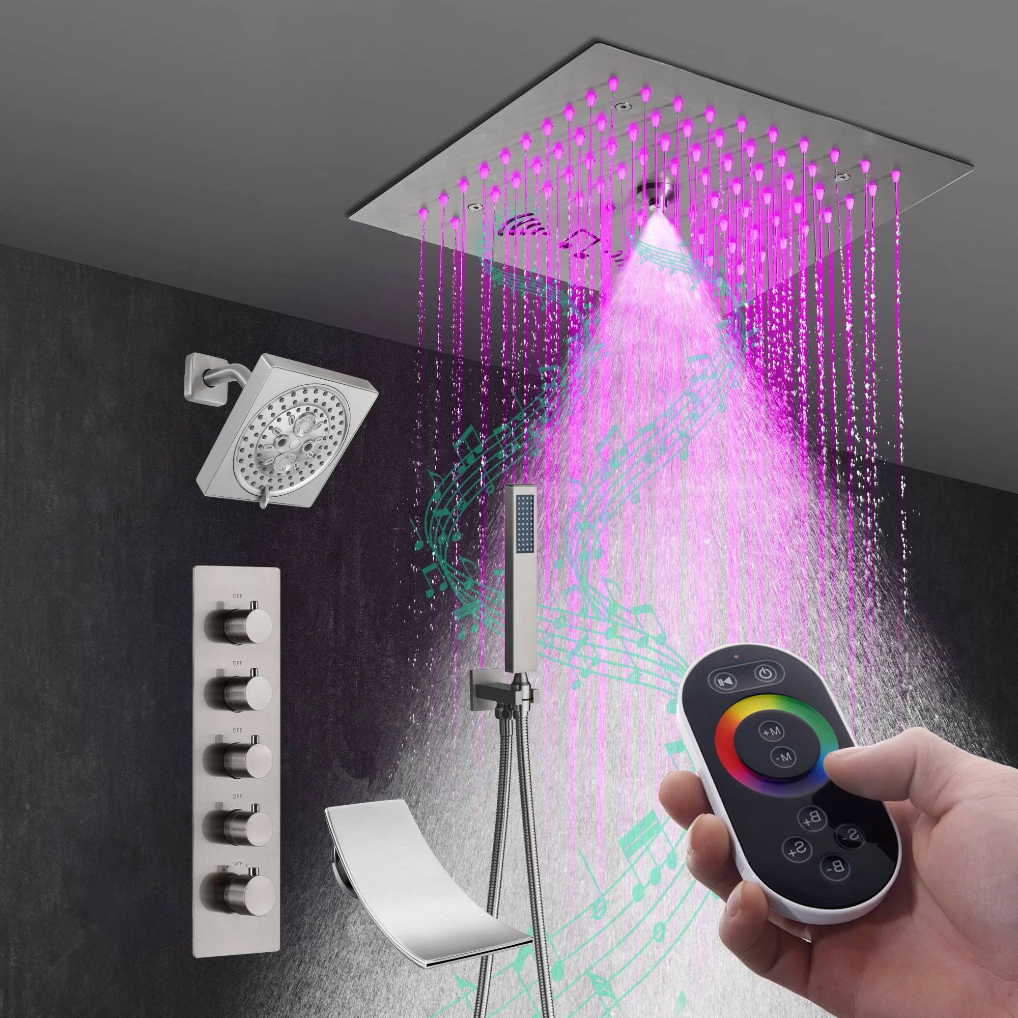 Brushed Nickel 4-Way Thermostatic Shower Faucet: Flush Mount with Waterfall Tub Spout and Regular Head, 12-Inch LED Light Shower Head with 64 Colors and Bluetooth Music - Image 5