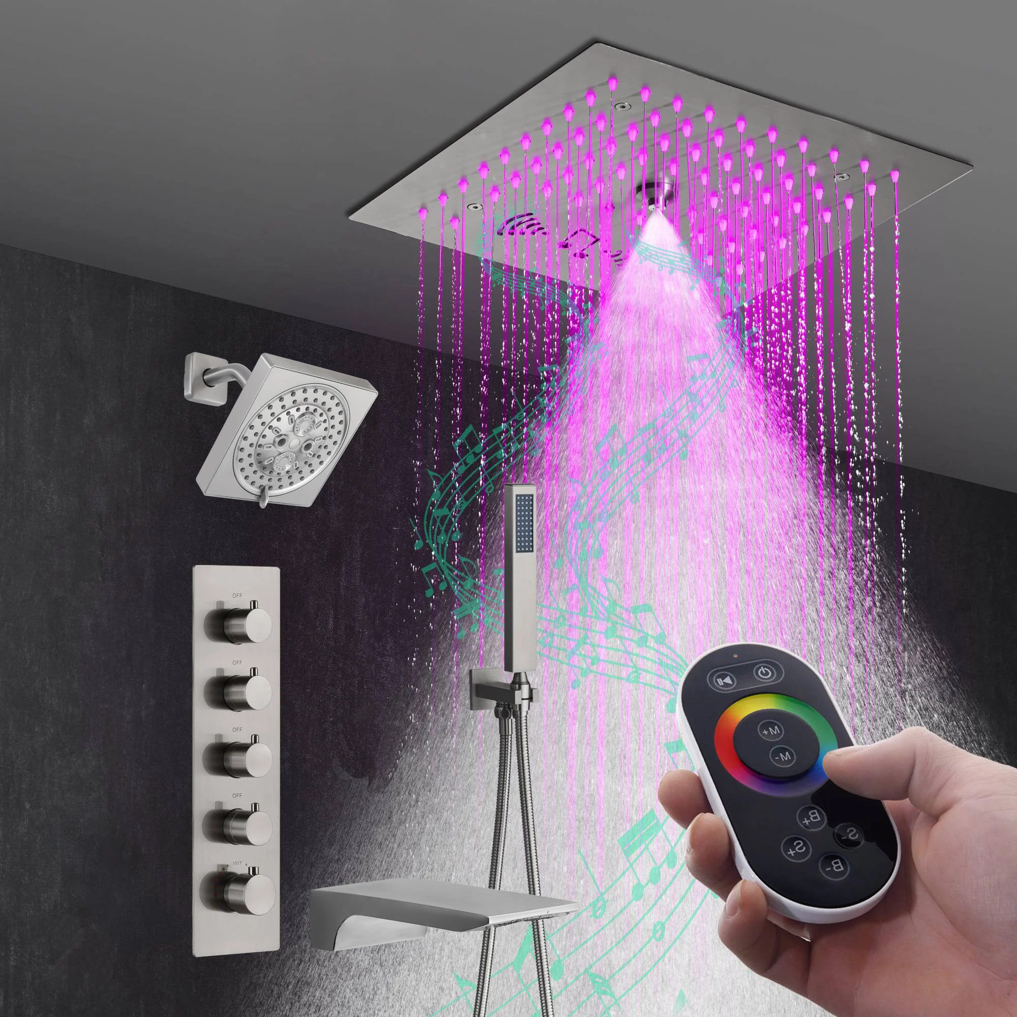 Brushed Nickel 4-Way Thermostatic Shower Faucet: Flush Mount with Waterfall Tub Spout and Regular Head, 12-Inch LED Light Shower Head with 64 Colors and Bluetooth Music - Image 6