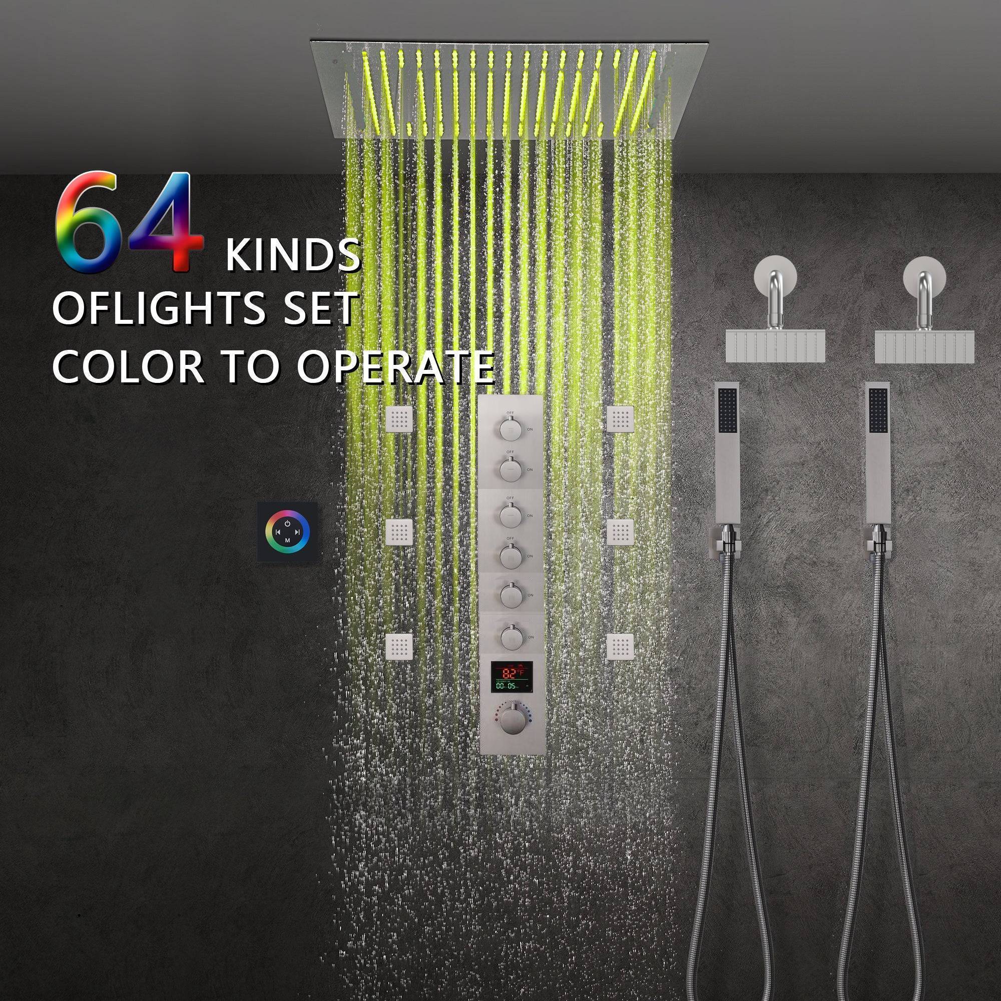 Brushed Nickel 6-Way Digital Thermostatic Shower Faucet: 20" Rainfall Head with LED Lights, Regular Head, 6 Body Jets - Image 2