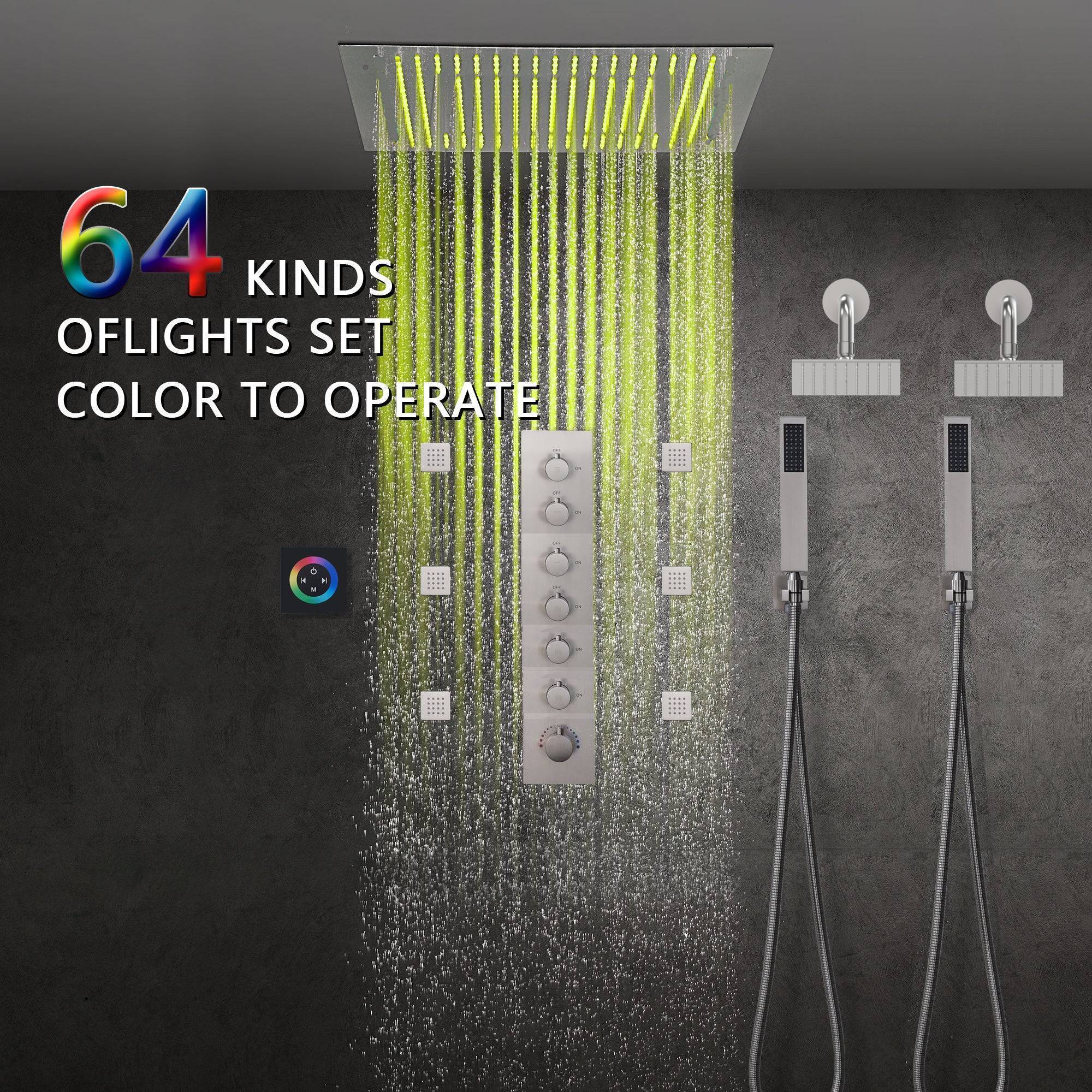 Brushed Nickel 6-Way Digital Thermostatic Shower Faucet: 20" Rainfall Head with LED Lights, Regular Head, 6 Body Jets - Image 3