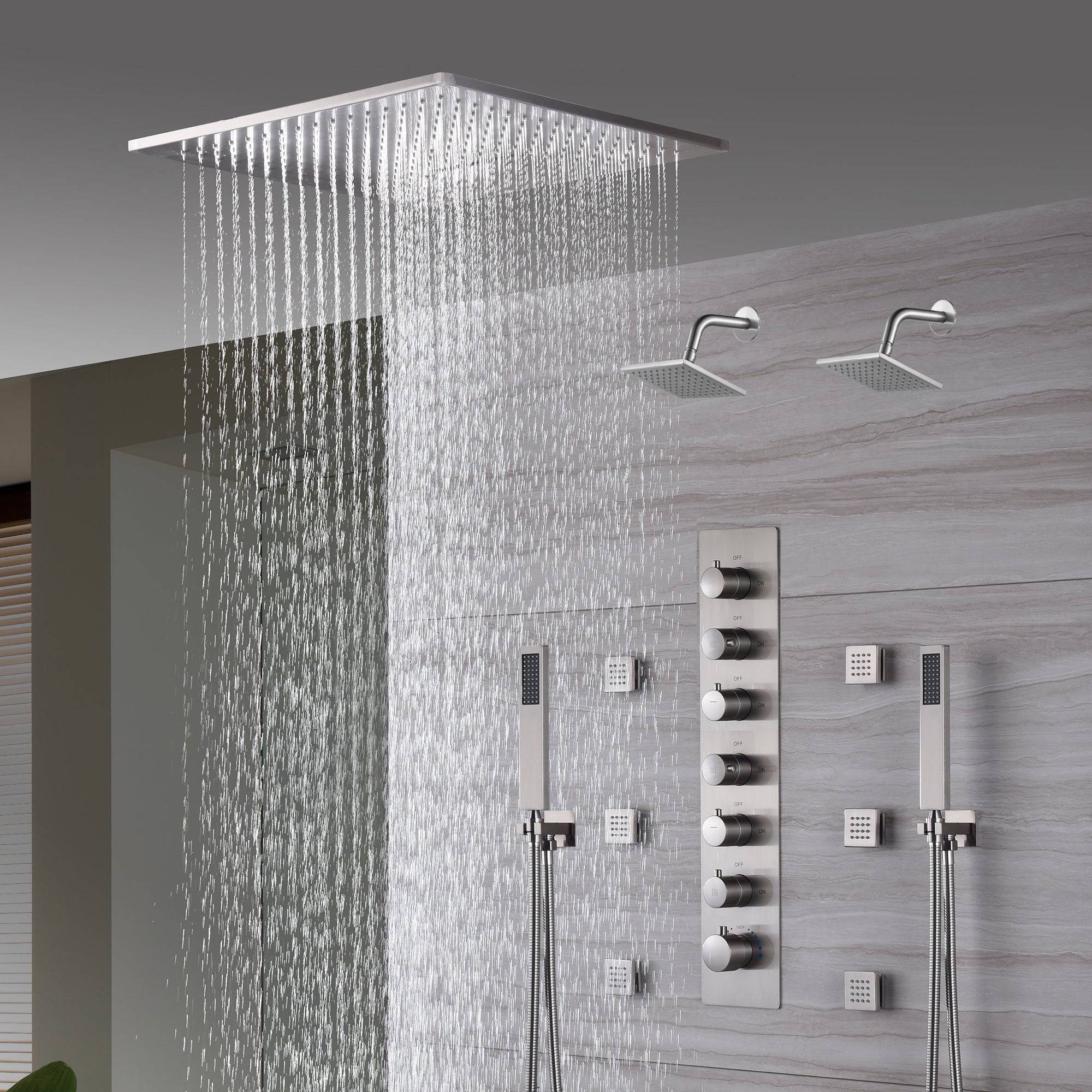 Brushed Nickel 6-Way Digital Thermostatic Shower Faucet: 20" Rainfall Head with LED Lights, Regular Head, 6 Body Jets - Image 6