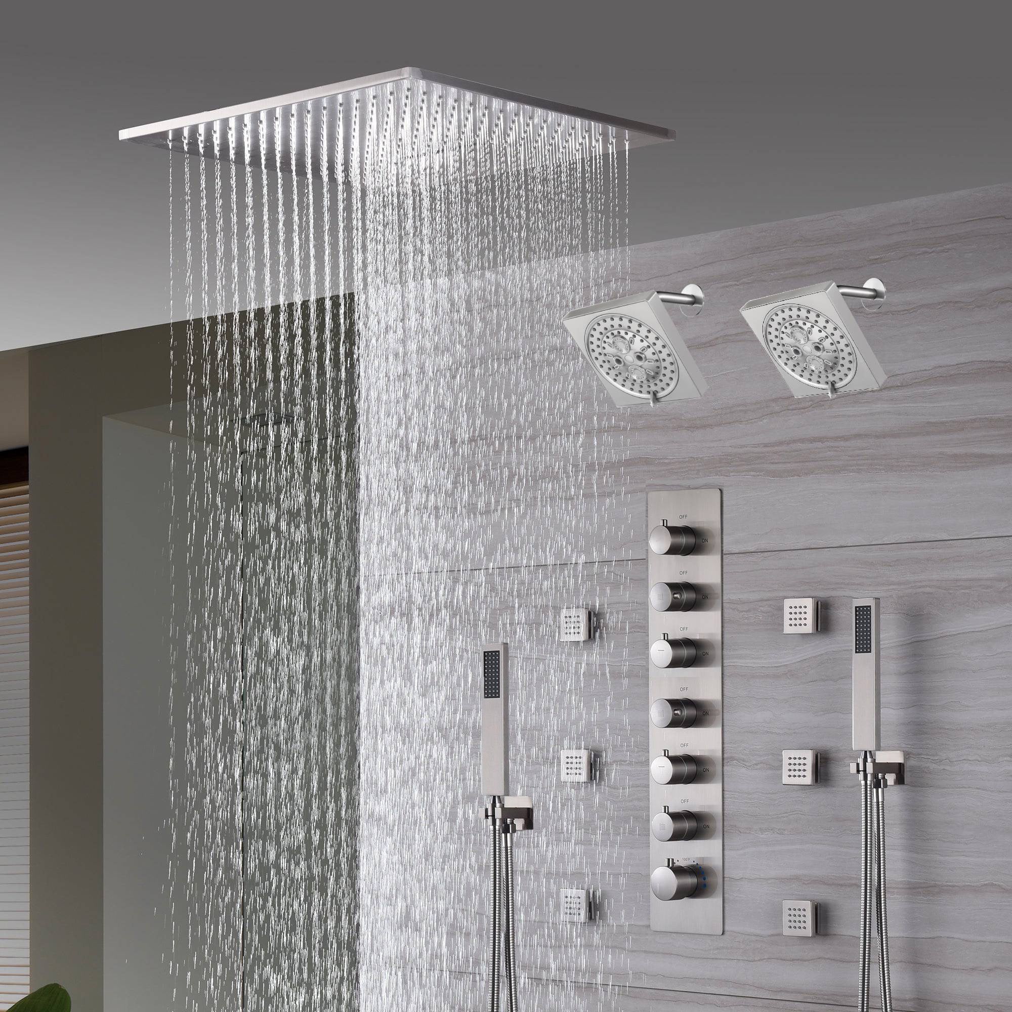 Brushed Nickel 6-Way Digital Thermostatic Shower Faucet: 20" Rainfall Head with LED Lights, Regular Head, 6 Body Jets - Image 7