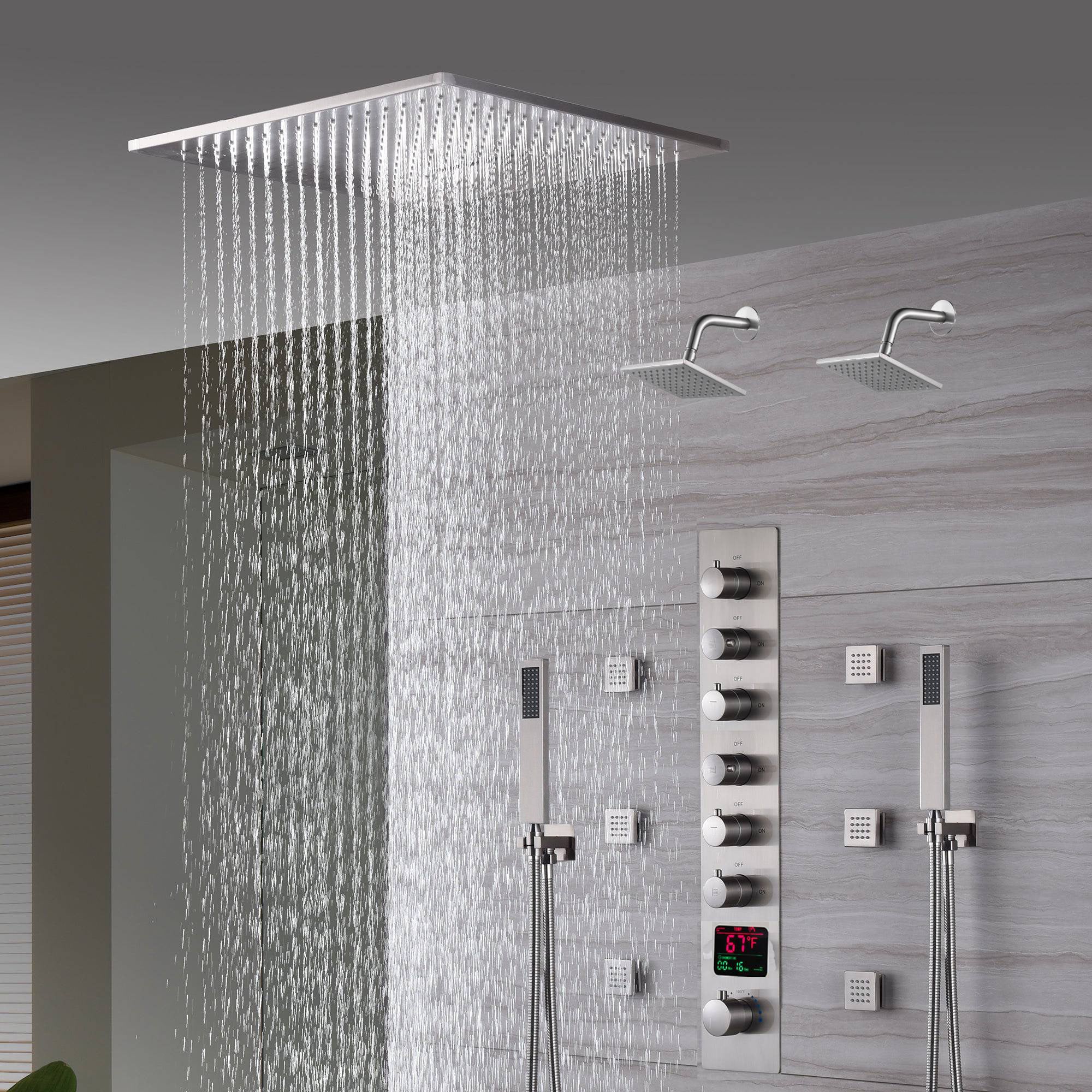 Brushed Nickel 6-Way Digital Thermostatic Shower Faucet: 20" Rainfall Head with LED Lights, Regular Head, 6 Body Jets - Image 8