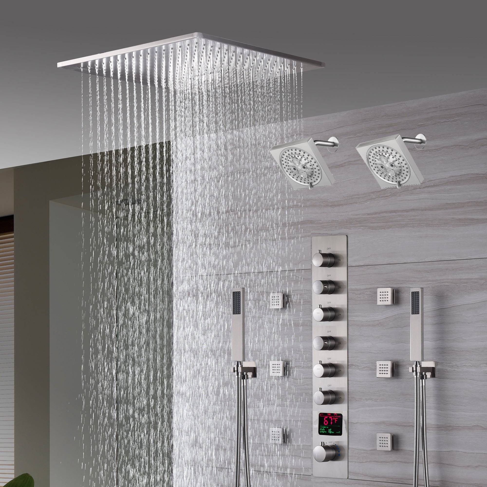 Brushed Nickel 6-Way Digital Thermostatic Shower Faucet: 20" Rainfall Head with LED Lights, Regular Head, 6 Body Jets - Image 9