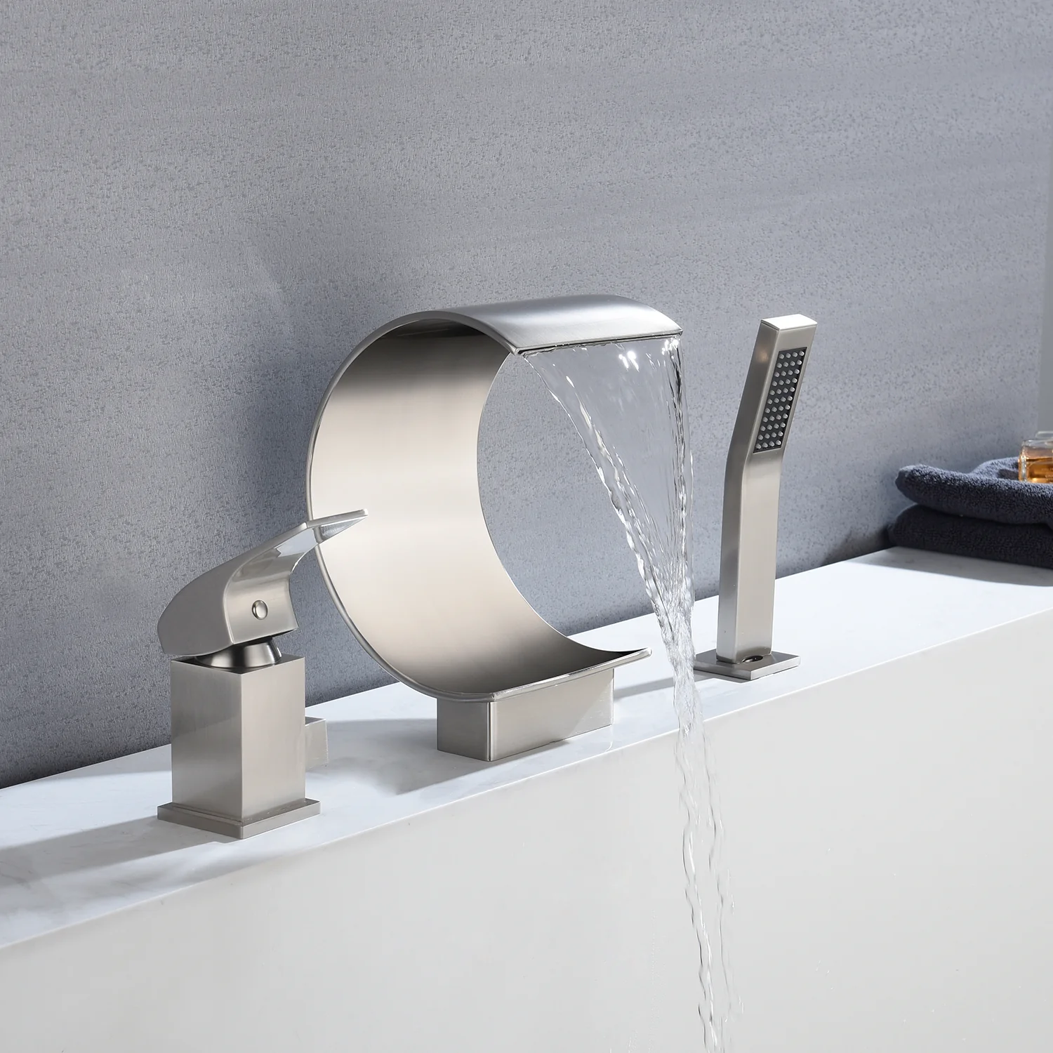Brushed Nickel Bathtub Faucet Waterfall Mixer Faucet with Hand Shower Deck Mount - Image 4