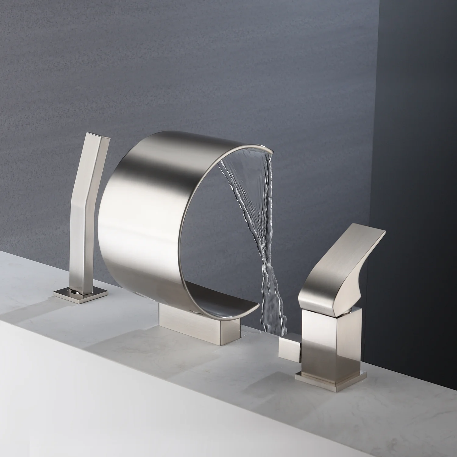 Brushed Nickel Bathtub Faucet Waterfall Mixer Faucet with Hand Shower Deck Mount - Image 5