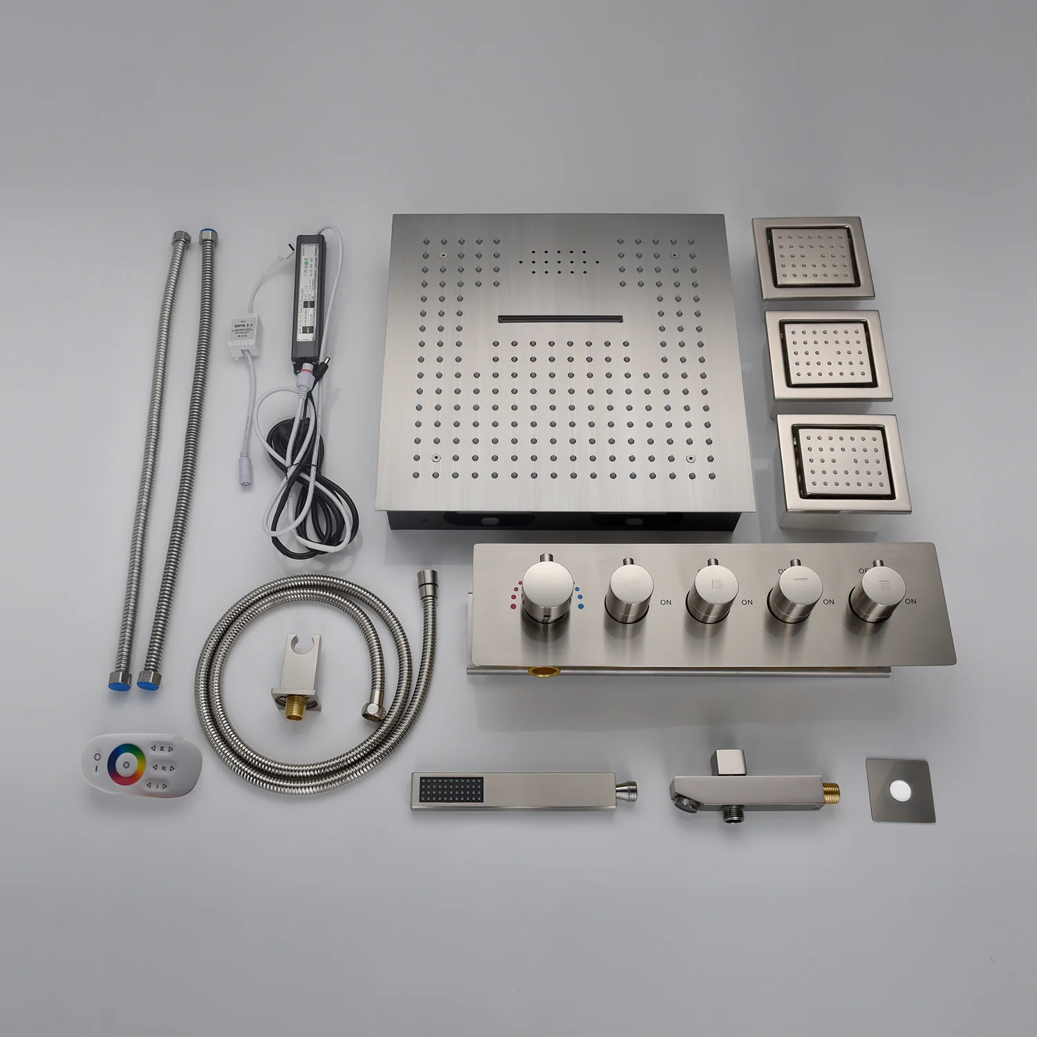 16-Inch Brushed Nickel Thermostatic Shower Faucet: Flush-Mounted, 64-Color LED Lighting, Bluetooth Music, 4-Way Control, and 4-Inch Body Jet Features - Image 3