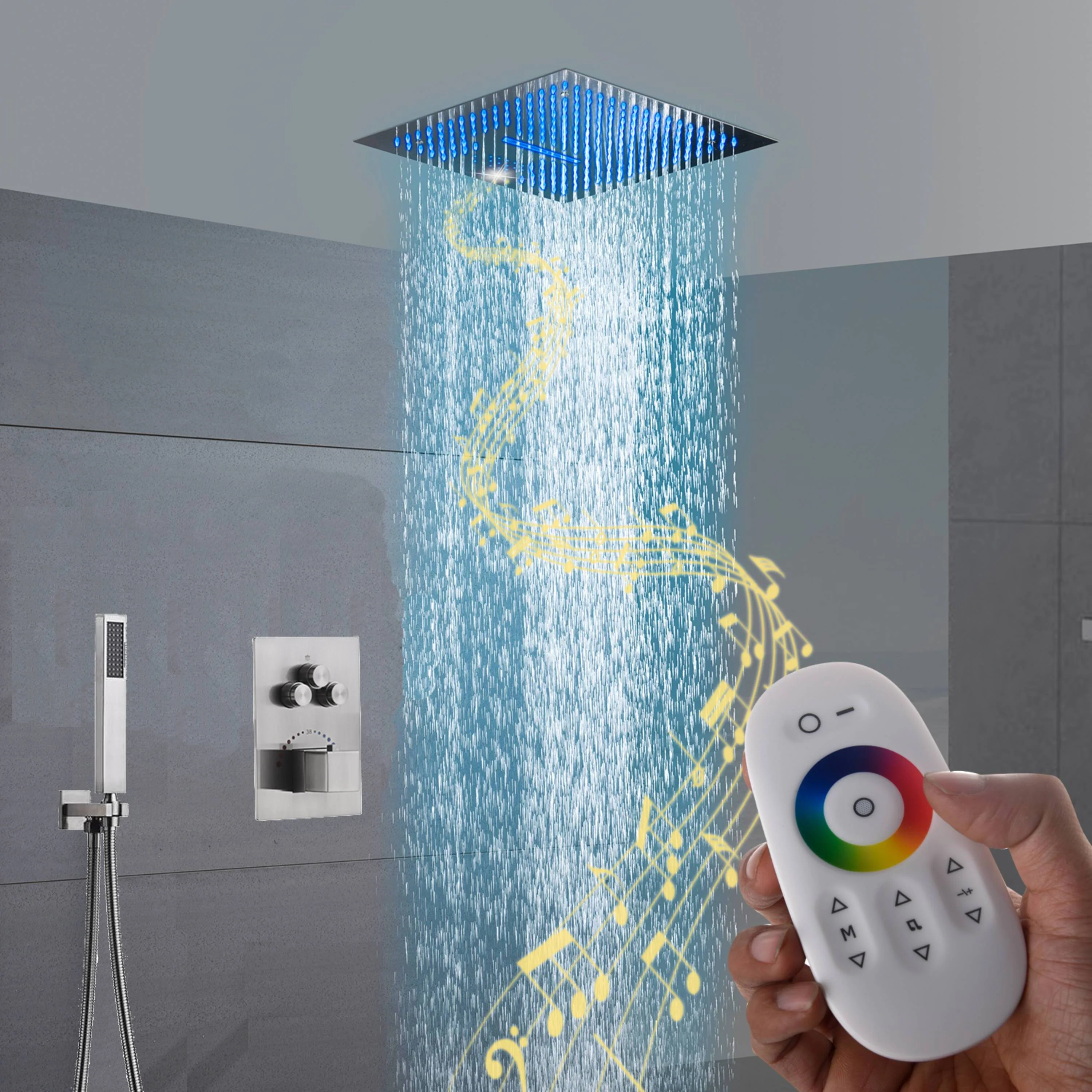16-Inch Brushed Nickel  Shower Faucet: 3-Way Control, Flush-Mounted, 64-Color LED Lighting, Bluetooth Music Rainfall & Waterfall Features, with Three Options for Rough-In Valve Choice - Image 2