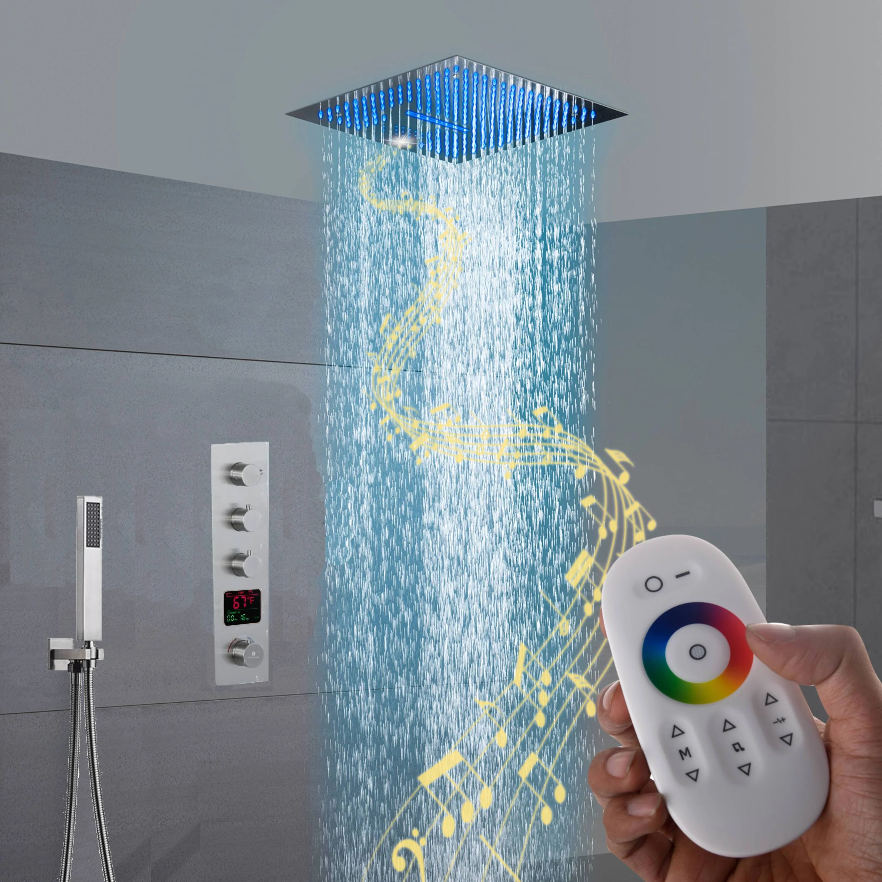 16-Inch Brushed Nickel  Shower Faucet: 3-Way Control, Flush-Mounted, 64-Color LED Lighting, Bluetooth Music Rainfall & Waterfall Features, with Three Options for Rough-In Valve Choice - Image 3