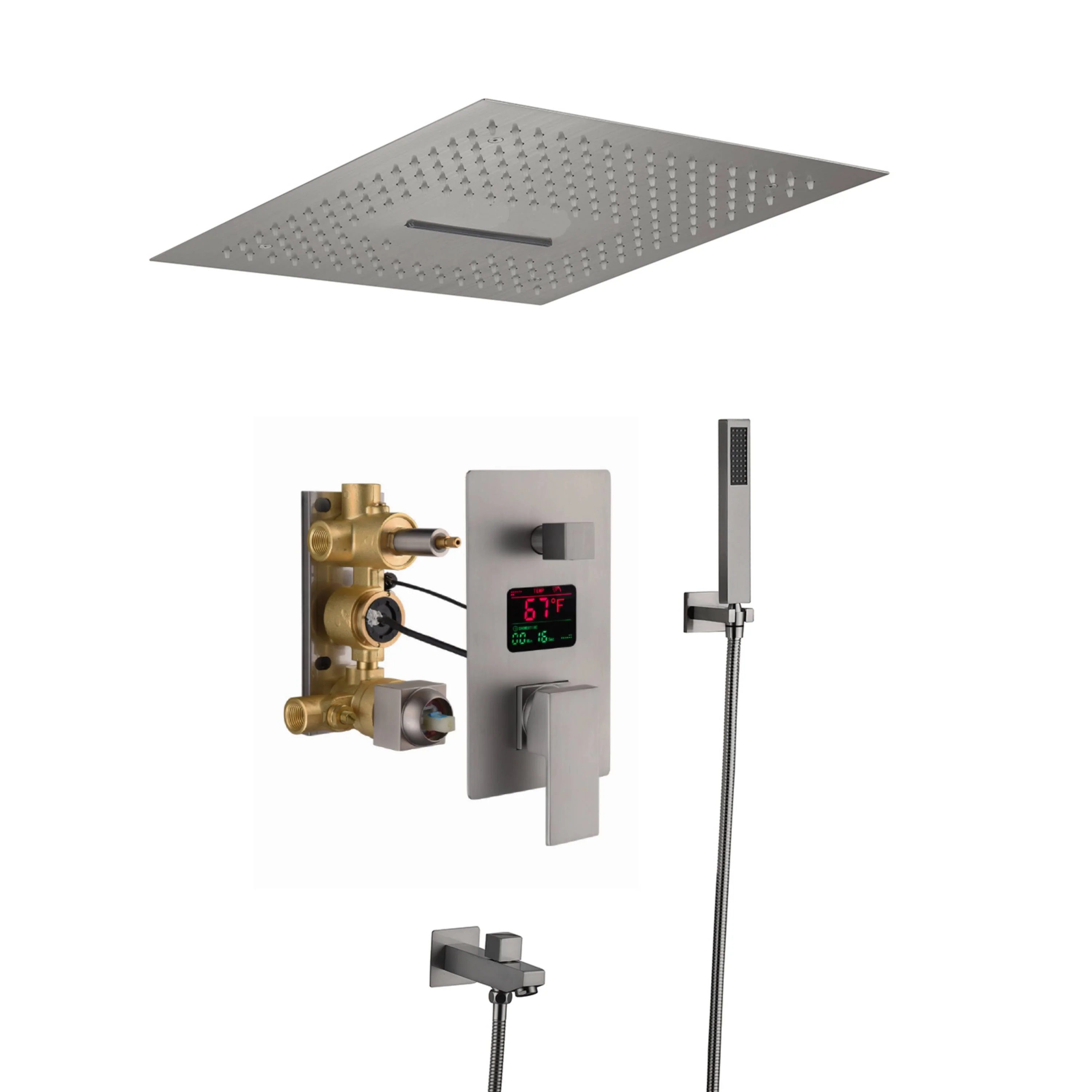 16-Inch Brushed Nickel  Shower Faucet: 3-Way Control, Flush-Mounted, 64-Color LED Lighting, Bluetooth Music Rainfall & Waterfall Features, with Three Options for Rough-In Valve Choice - Image 4