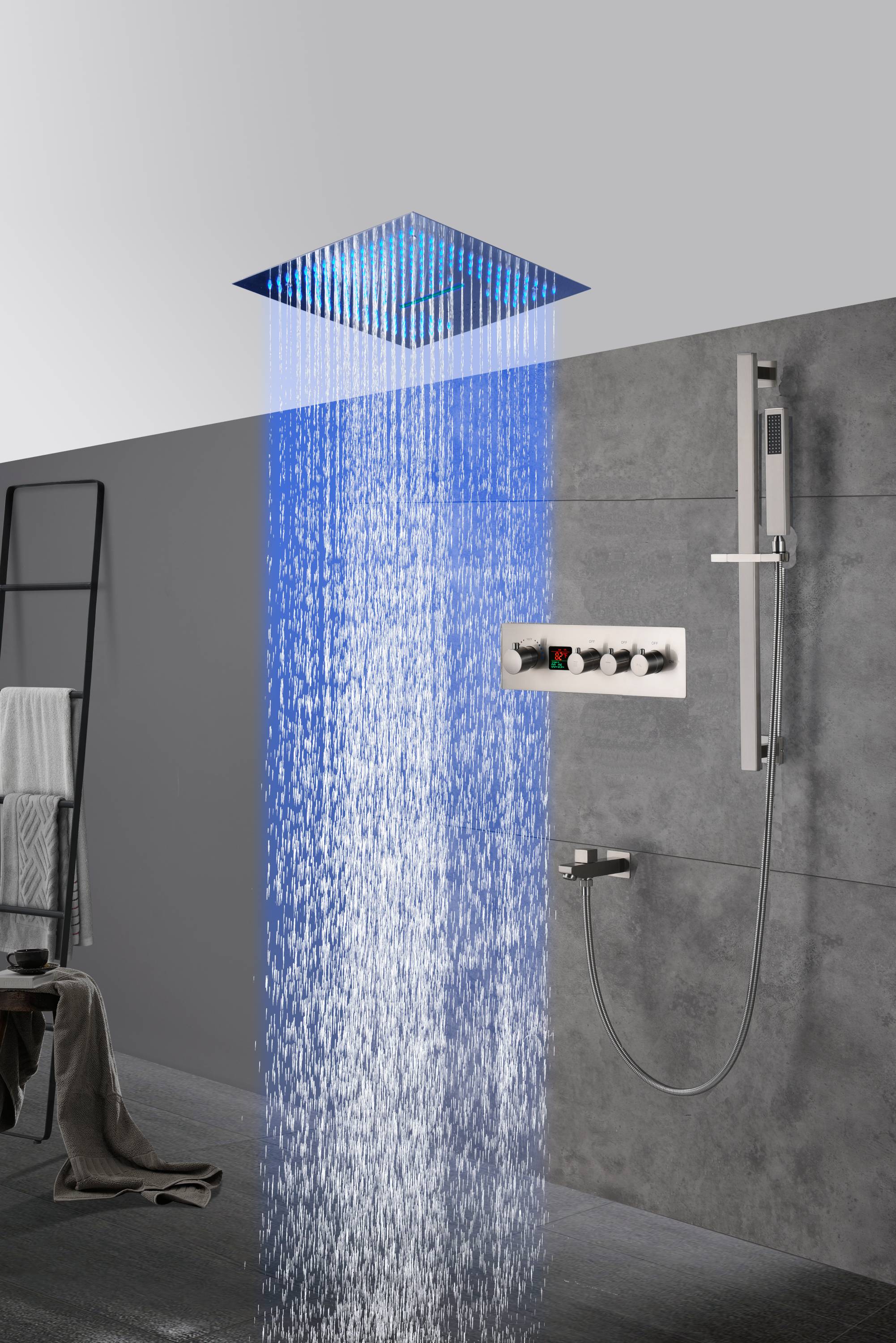 16-Inch Brushed Nickel Digital Thermostatic Shower System: 3-Way Control, Flush-Mounted, 64-Color LED Lighting, Bluetooth Music, Rainfall & Waterfall Features - Image 3