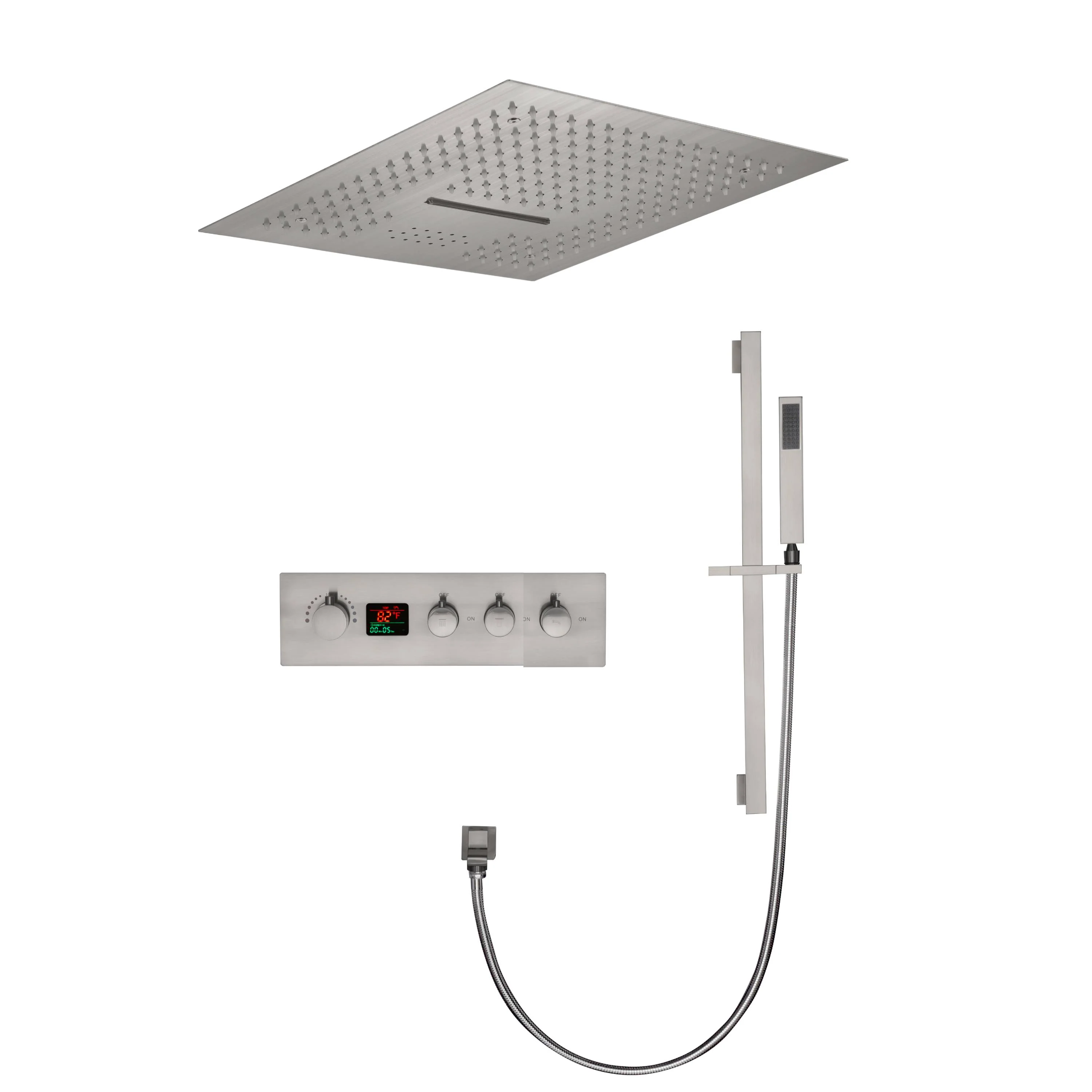16-Inch Brushed Nickel Digital Thermostatic Shower System: 3-Way Control, Flush-Mounted, 64-Color LED Lighting, Bluetooth Music, Rainfall & Waterfall Features - Image 4
