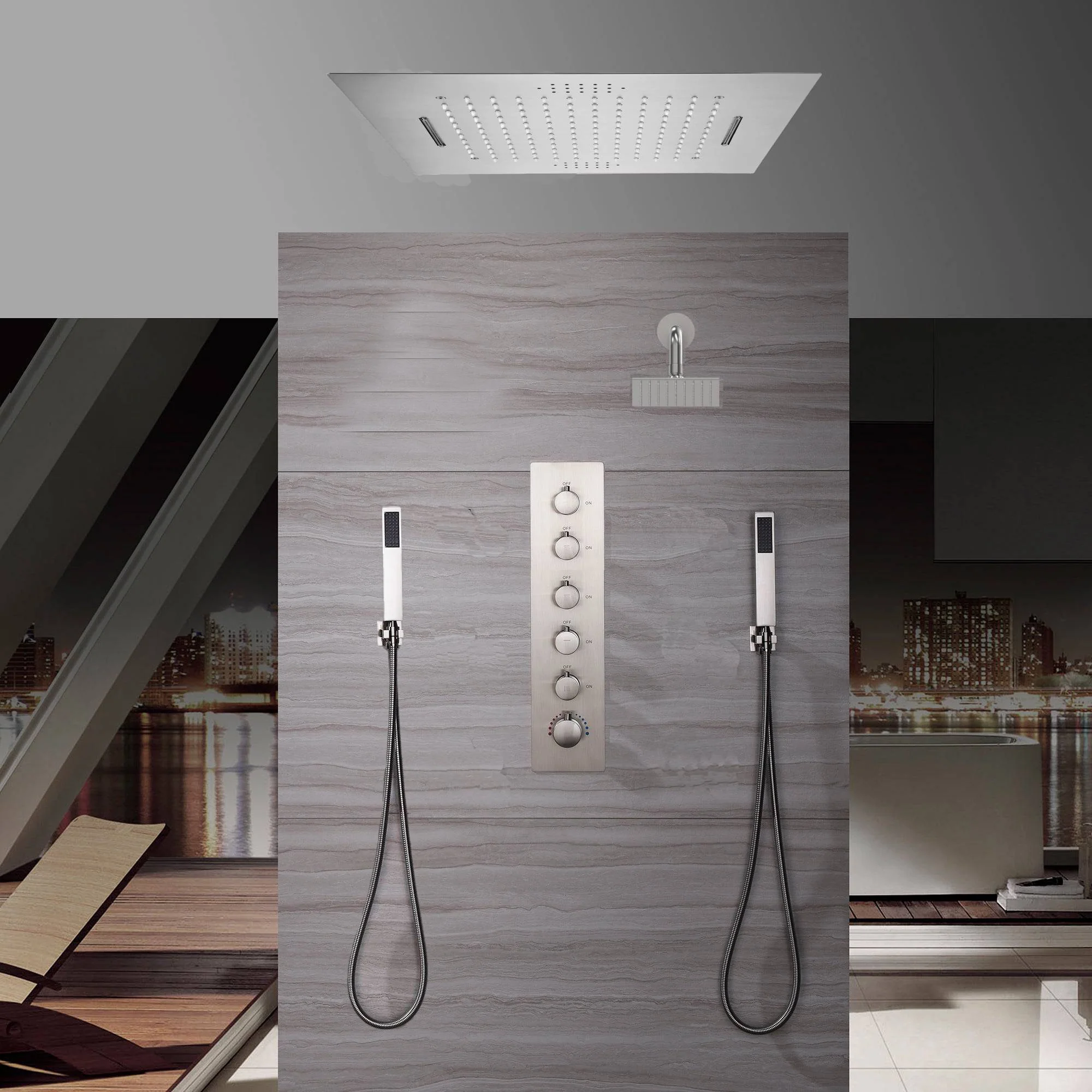 Brushed Nickel Flush-Mounted 5-Way Digital Thermostatic Shower System: Regular Heads, 20-Inch Rainfall Waterfall Shower Head with 64-Color LED Lights and Bluetooth Music Functionality - Image 3
