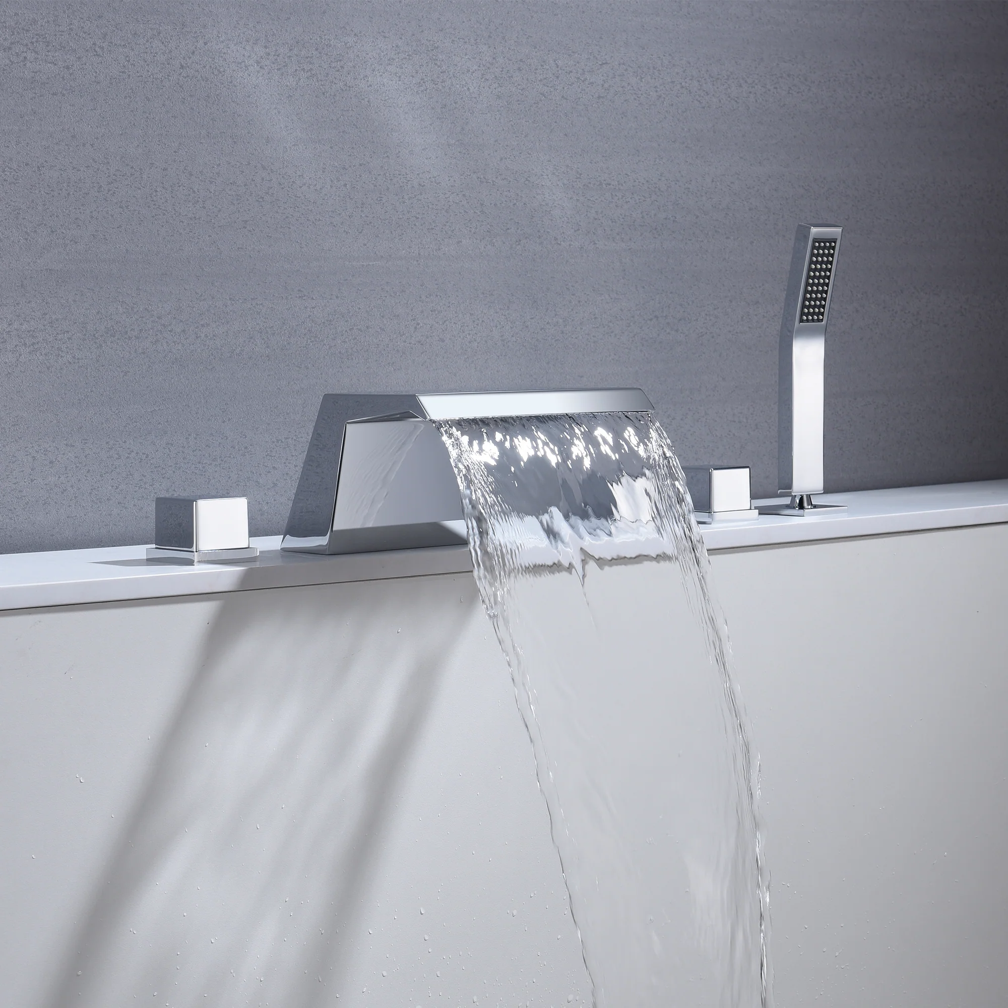 Waterfall Tub Filler Bathtub Faucet Chrome 5-Hole 3-Handle Solid Brass Bathroom Bath Tub Faucets Mixer Tap with Hand Shower - Image 2