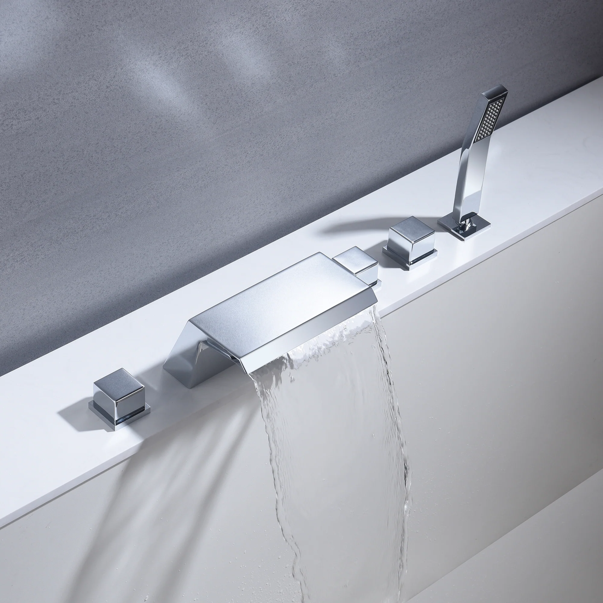 Waterfall Tub Filler Bathtub Faucet Chrome 5-Hole 3-Handle Solid Brass Bathroom Bath Tub Faucets Mixer Tap with Hand Shower - Image 3