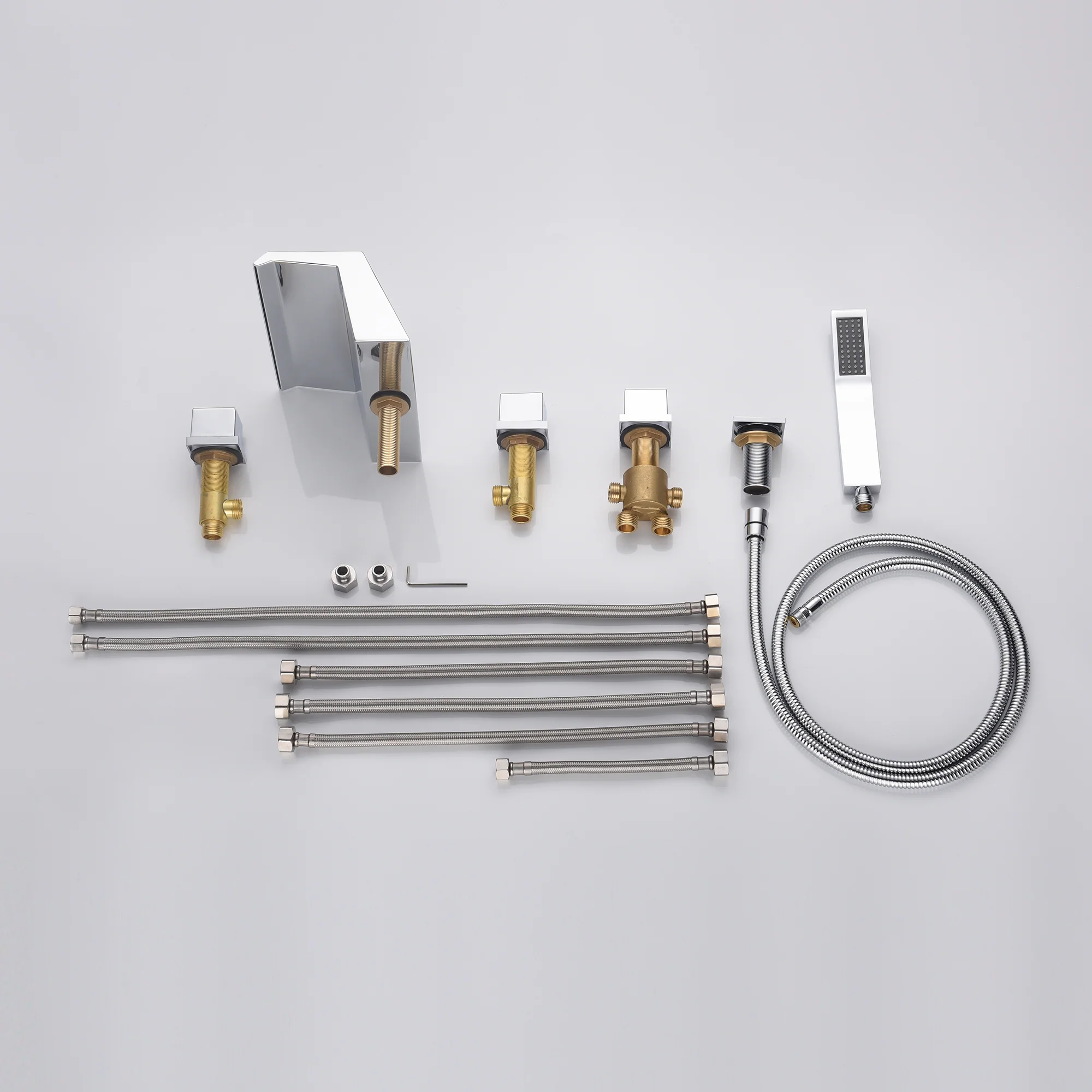 Waterfall Tub Filler Bathtub Faucet Chrome 5-Hole 3-Handle Solid Brass Bathroom Bath Tub Faucets Mixer Tap with Hand Shower - Image 4