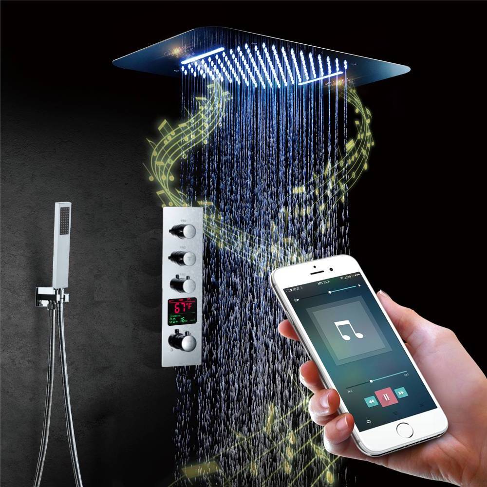 Brushed nickel Music LED Flushed in 23X 15inch shower head 3 way  pressure balance  valve that each function run at the same time and separately - Image 2