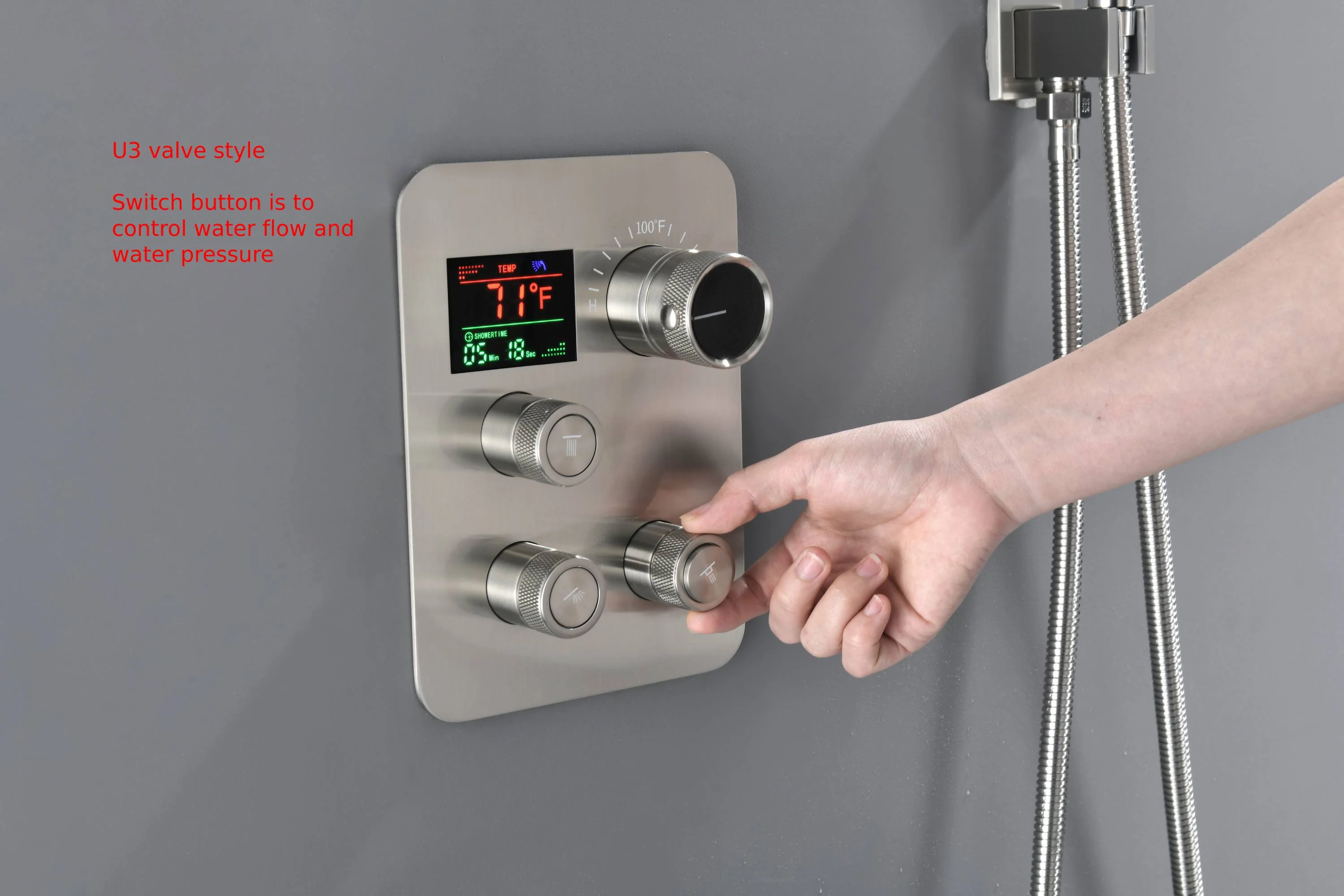 Brushed nickel Music LED Flushed in 23X 15inch shower head 3 way  pressure balance  valve that each function run at the same time and separately - Image 8