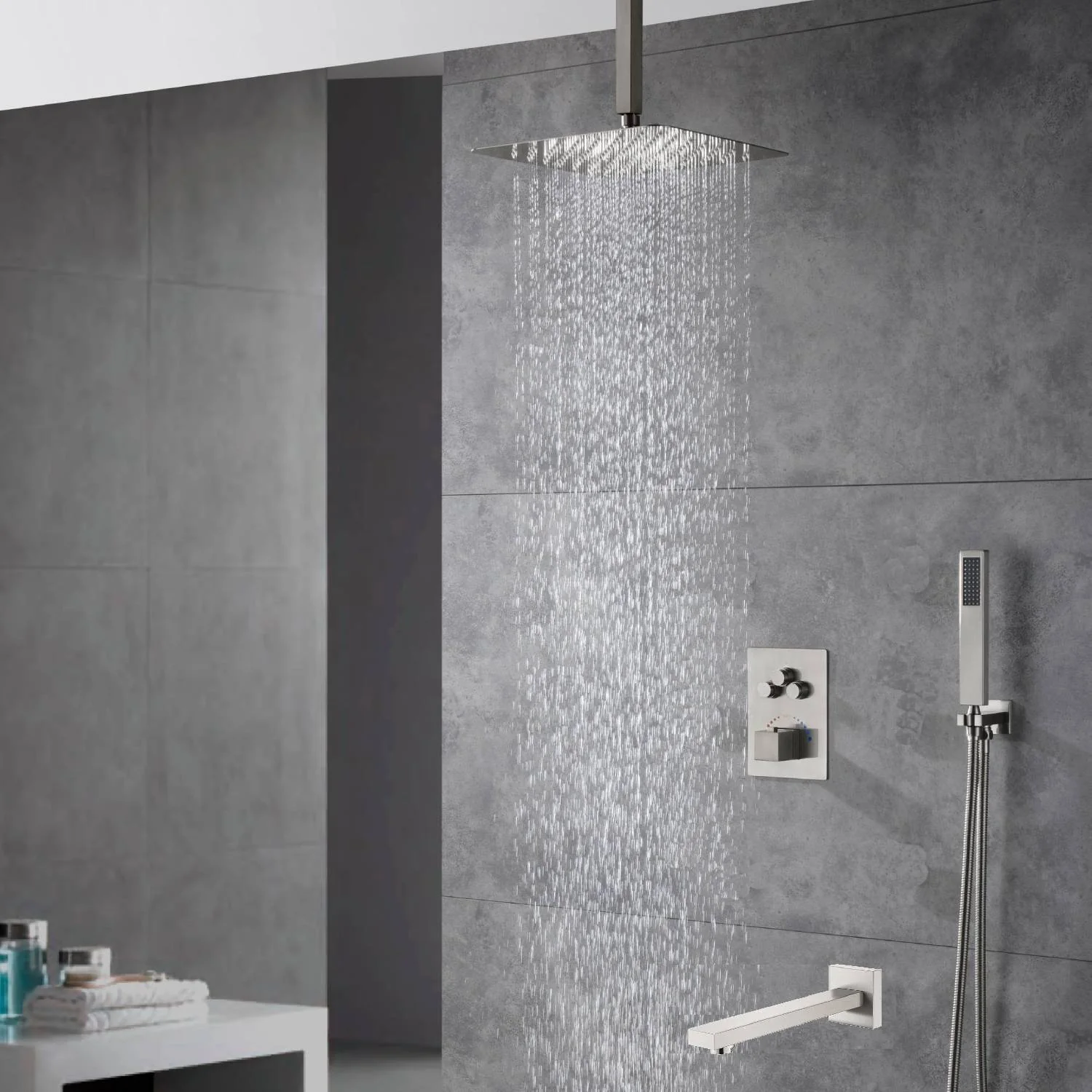 Brushed Nickel Ceiling Mount 3-Way Thermostatic Shower Valve System with Tub Spout - Image 3
