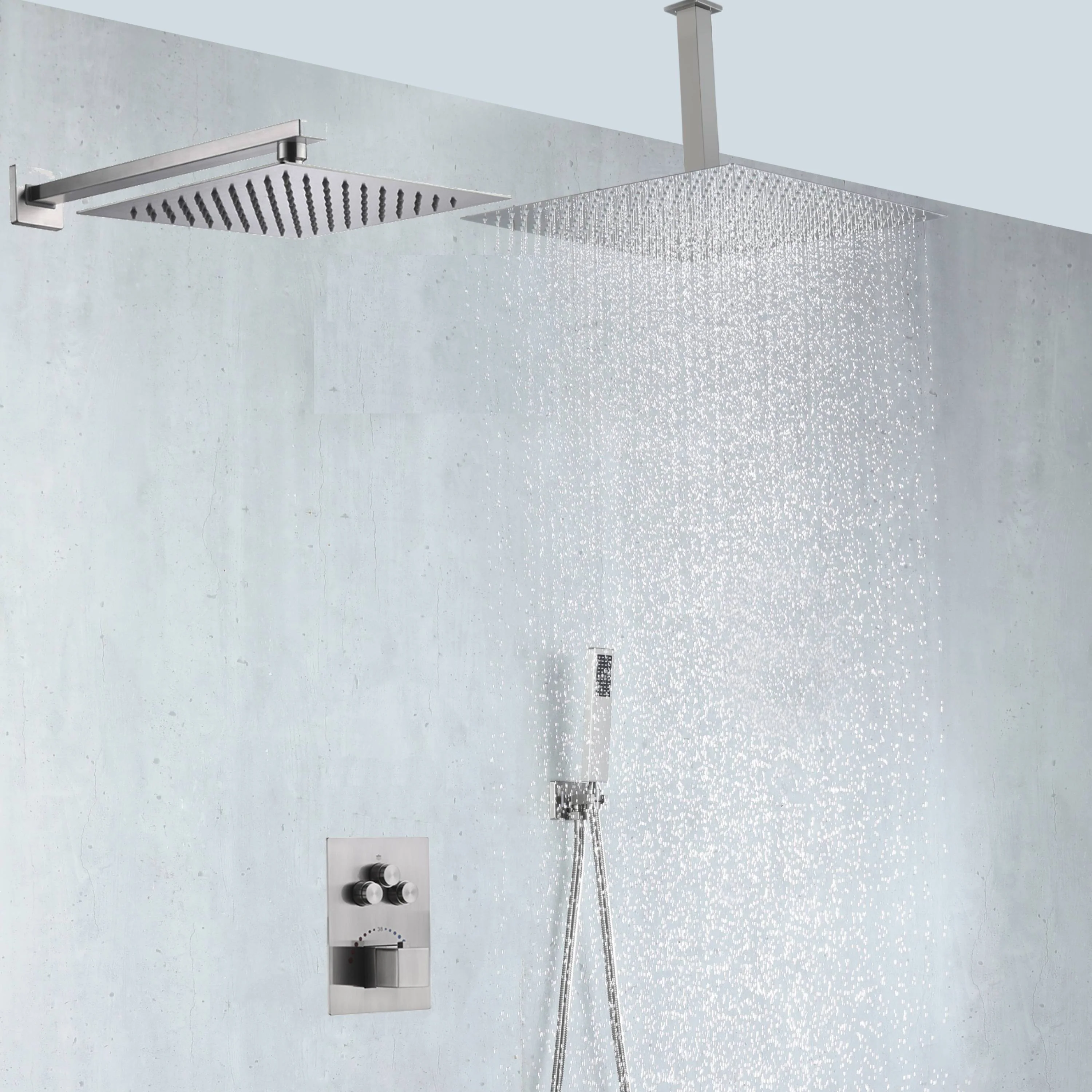 Brushed Nickel Dual 12'' or 16'' Rain Shower Head 3-Way Thermostatic Shower System - Image 3