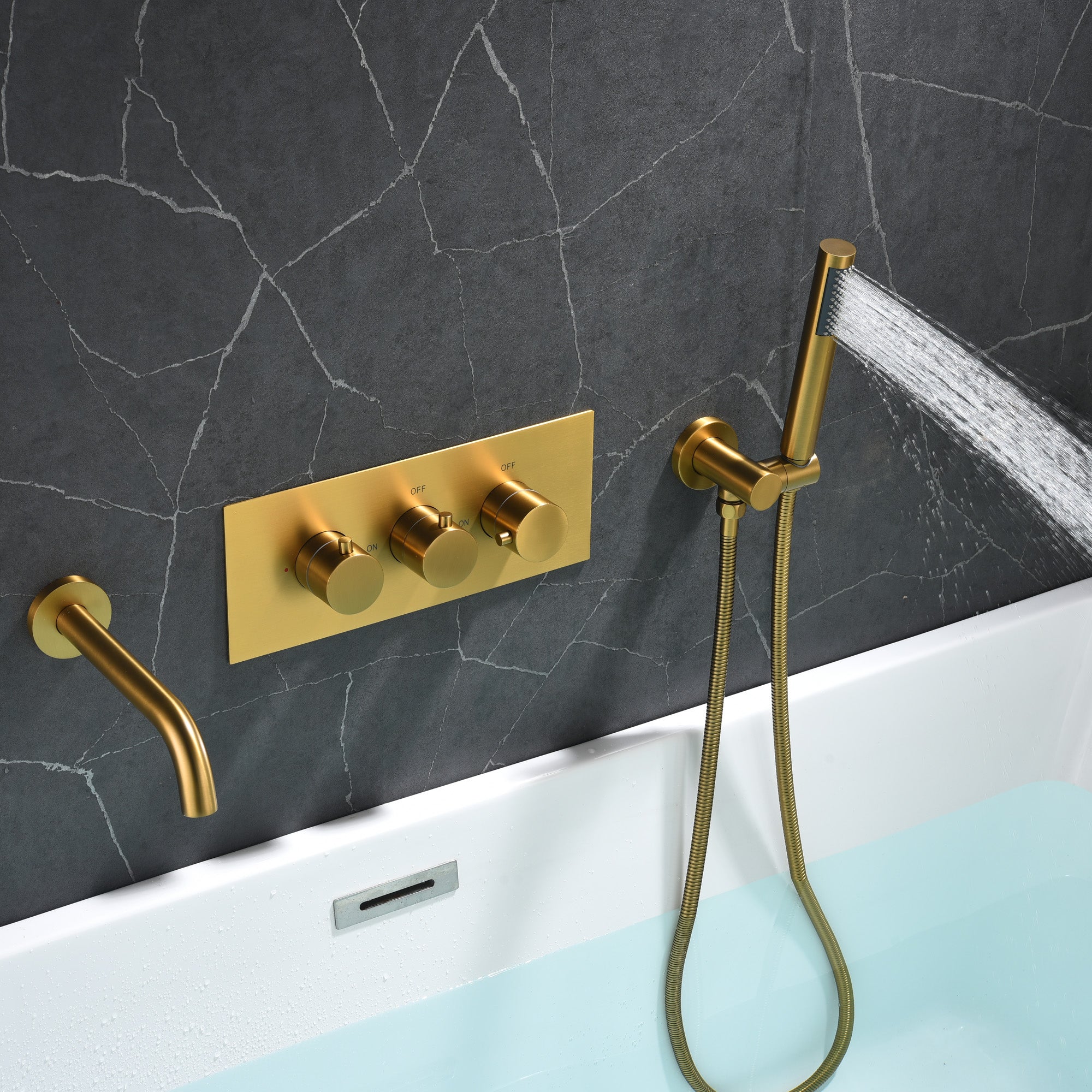 Brushed Gold Wall Mount Pressure Balance Tub Faucet with Handle Shower - Image 2
