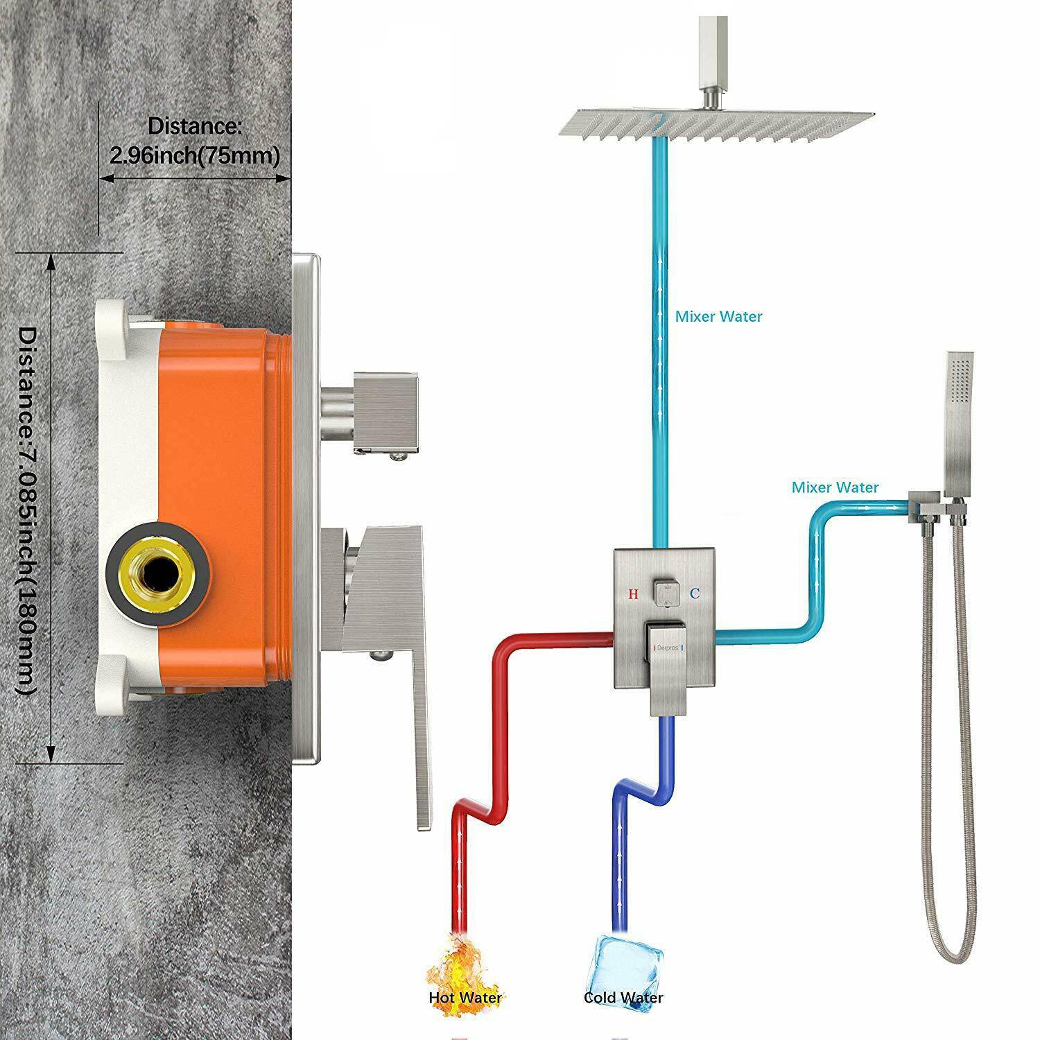 Chrome Ceiling-Mounted Rainfall Shower Head Two-Way Shower Faucet and Handle Sprayer Included - Image 13