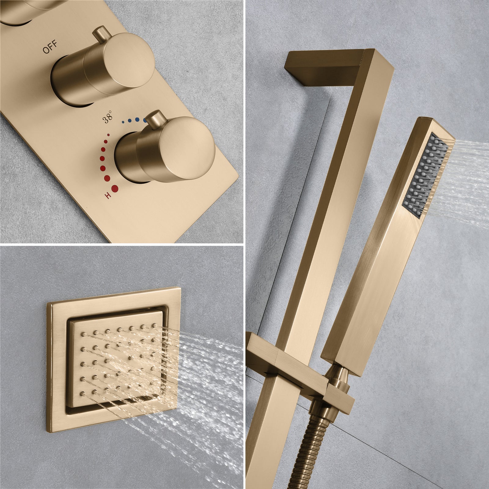 Champagne Bronze 35" Bluetooth Music LED Shower System with Waterfall, 6-Way Thermostatic Valve, 3 Body Jets,Regular Head Touch Panel - Image 10