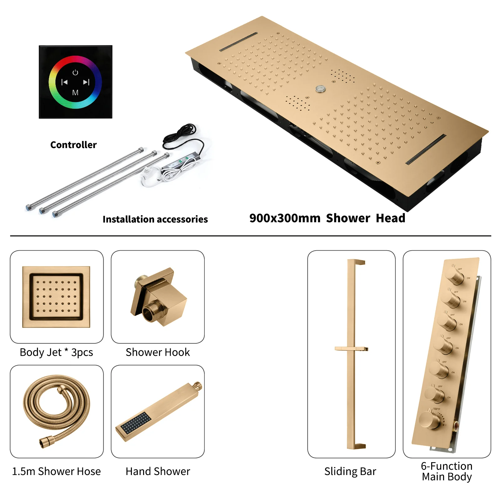 Champagne Bronze 35" Bluetooth Music LED Shower System with Waterfall, 6-Way Thermostatic Valve, 3 Body Jets,Regular Head Touch Panel - Image 11