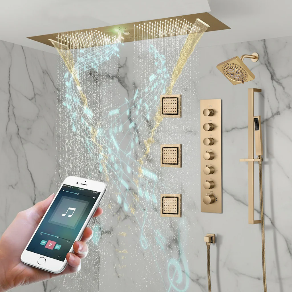 Champagne Bronze 35" Bluetooth Music LED Shower System with Waterfall, 6-Way Thermostatic Valve, 3 Body Jets,Regular Head Touch Panel - Image 3